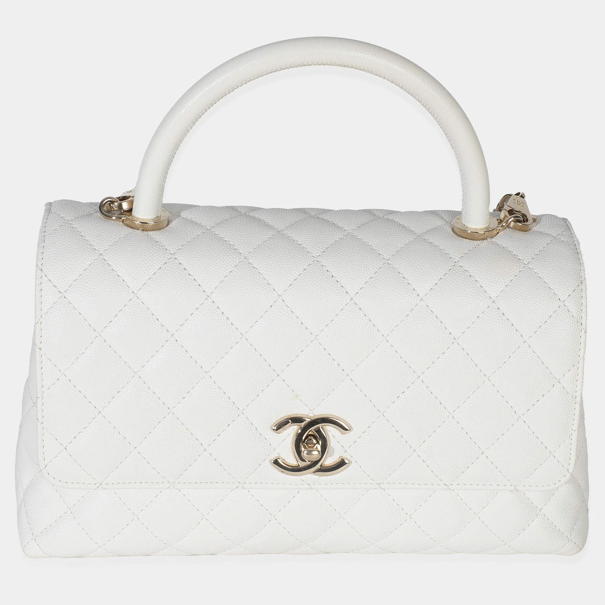 Pre Owned Chanel White Quilted Caviar Medium Coco Top Handle Bag