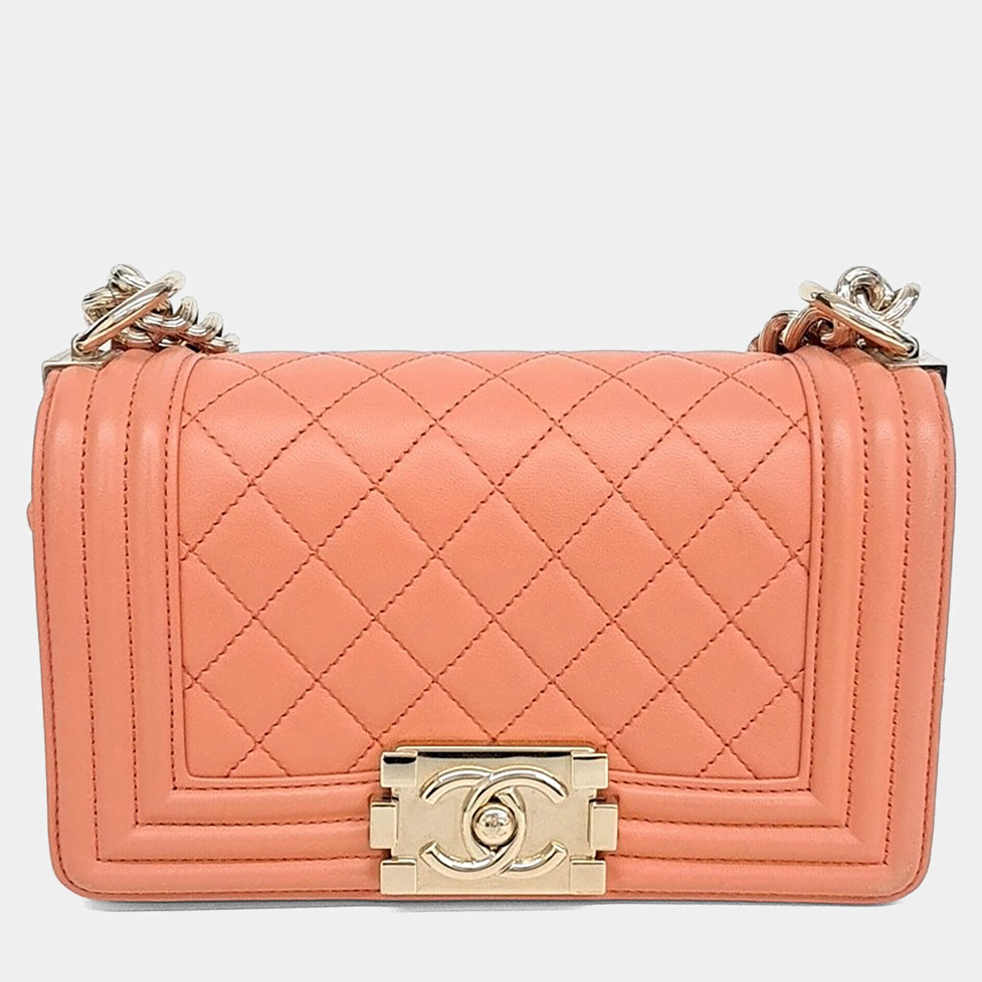 Pre Owned Chanel Orange Leather Boy Bag Small