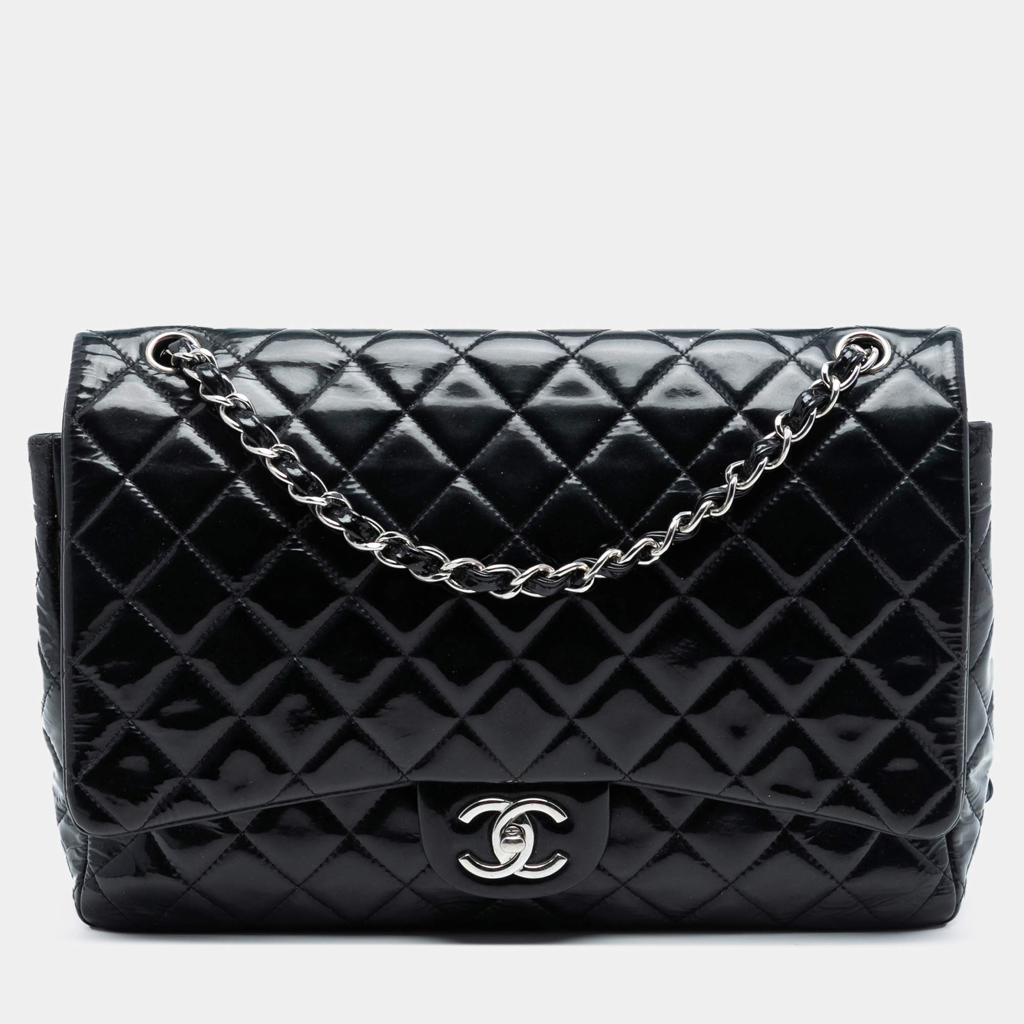 Pre Owned Chanel Black Jumbo Classic Patent Double Flap
