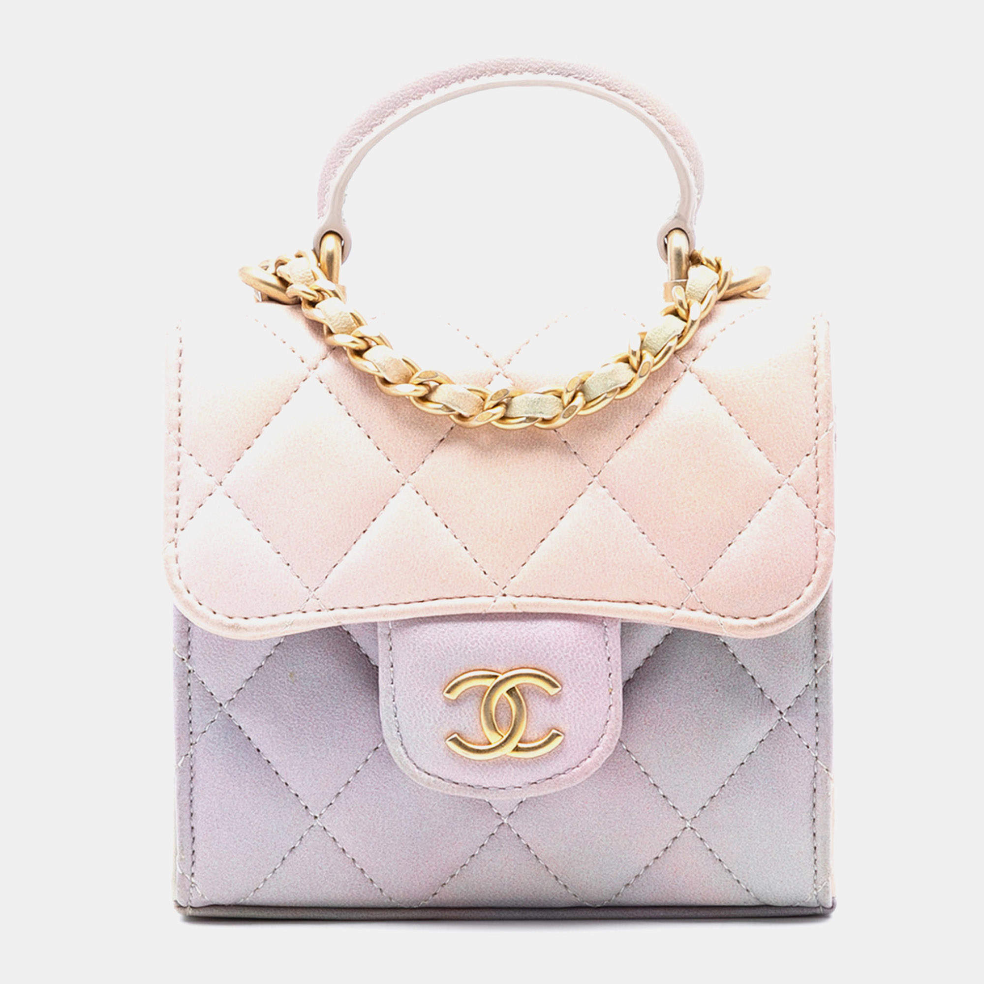 Pre Owned حقيبة شانيل كلاتش بيد علوية جلد حمل منظدي زهري متدرج مع سلسلة