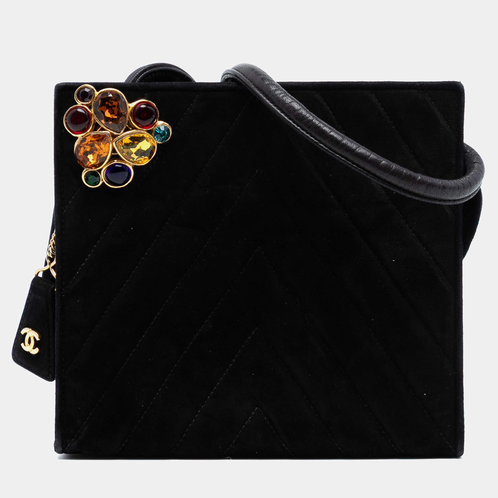 Pre Owned Chanel Black Chevron Velvet CC Stones Crossbody
