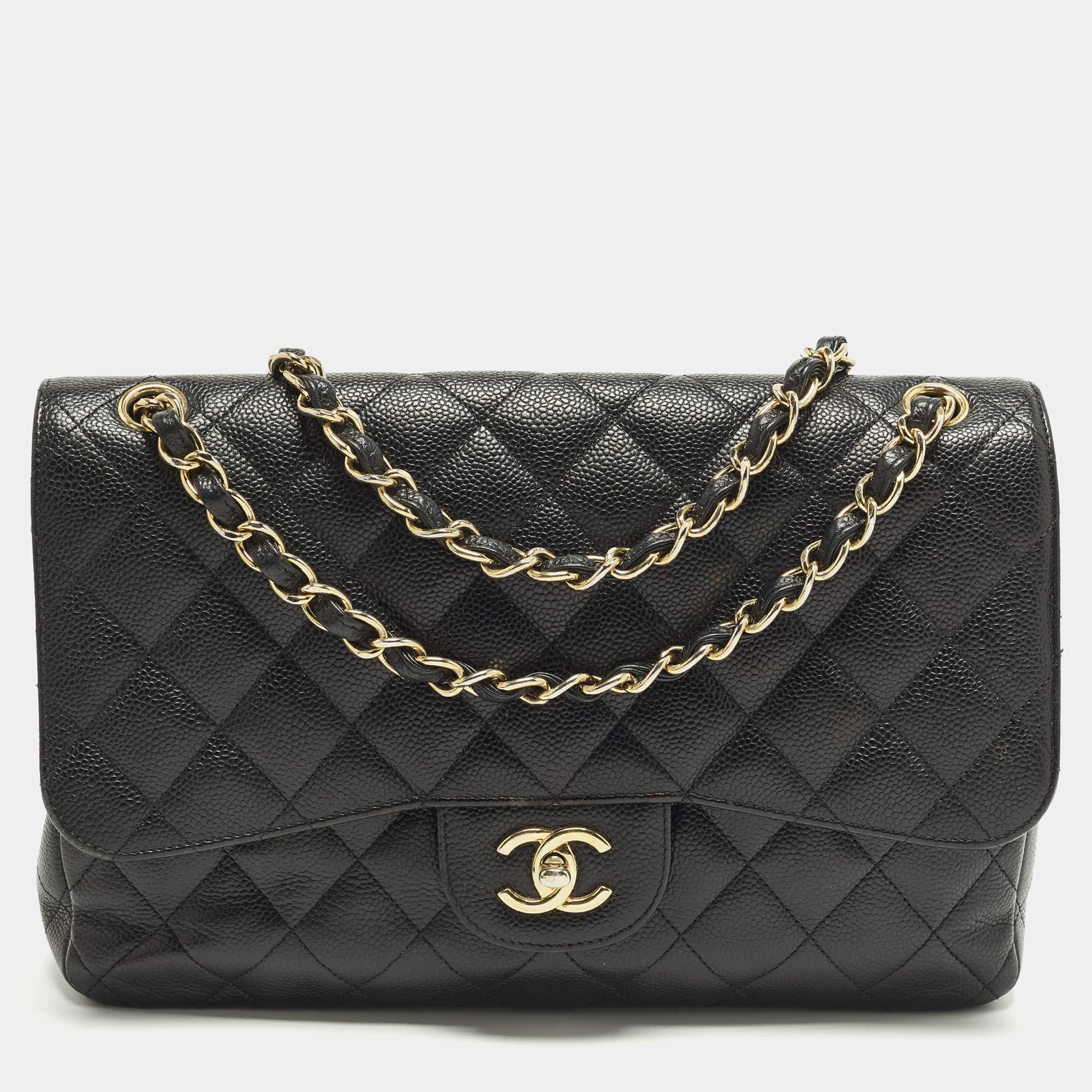 Pre Owned Chanel Classic Double Flap Jumbo Black Quilted Caviar Leather Shoulder Bag