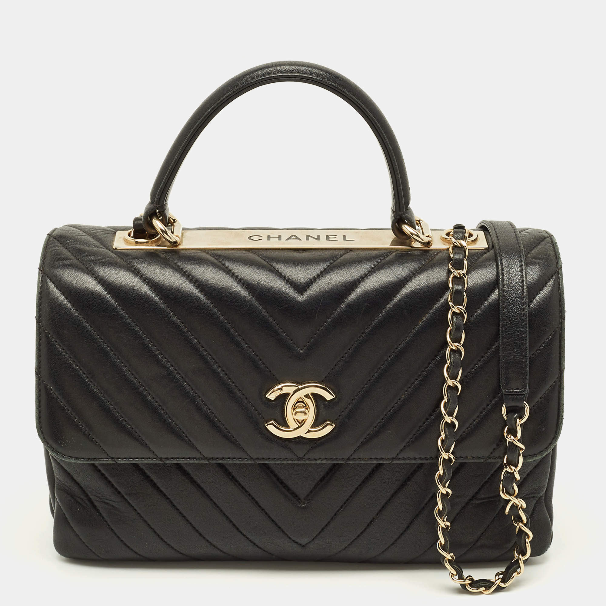 مملوكة مسبقًا Chanel Trendy CC Medium Black Chevron Leather Top Handle Bag