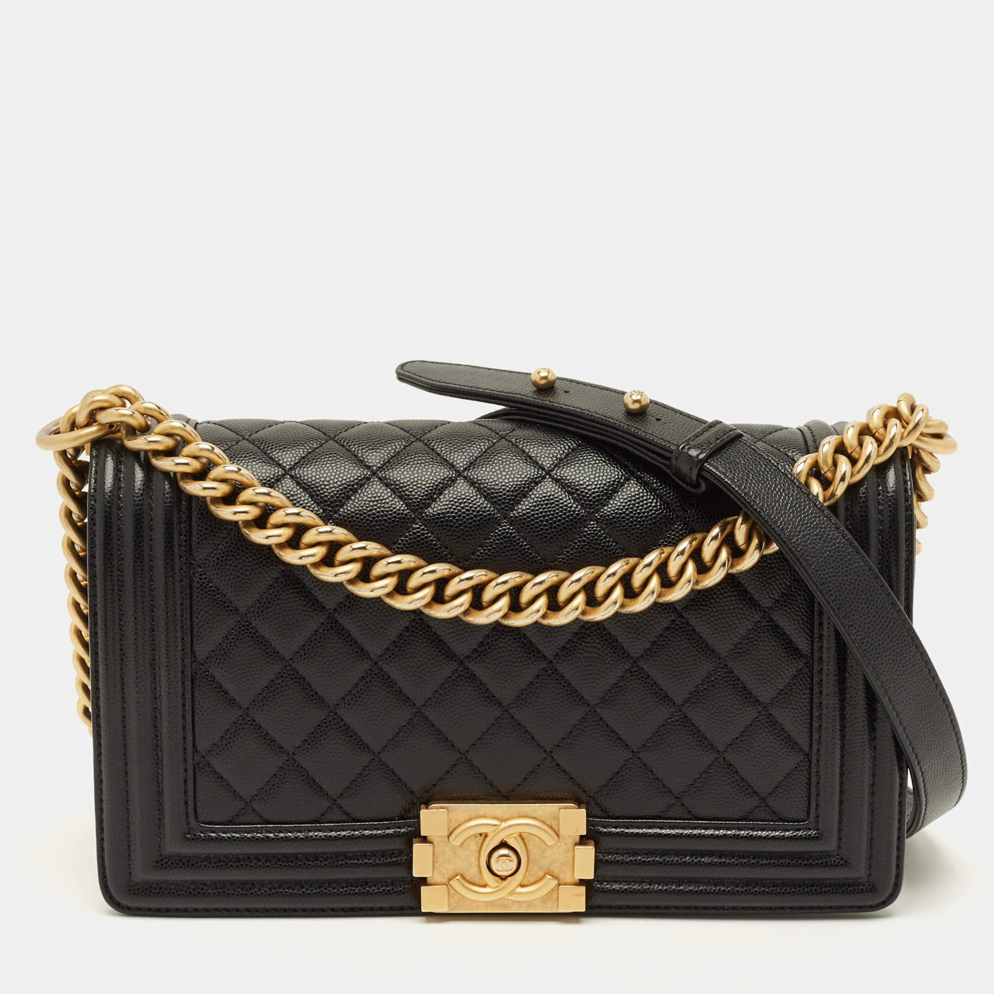 Pre Owned Chanel Boy Medium Black Quilted Caviar Leather Flap Bag