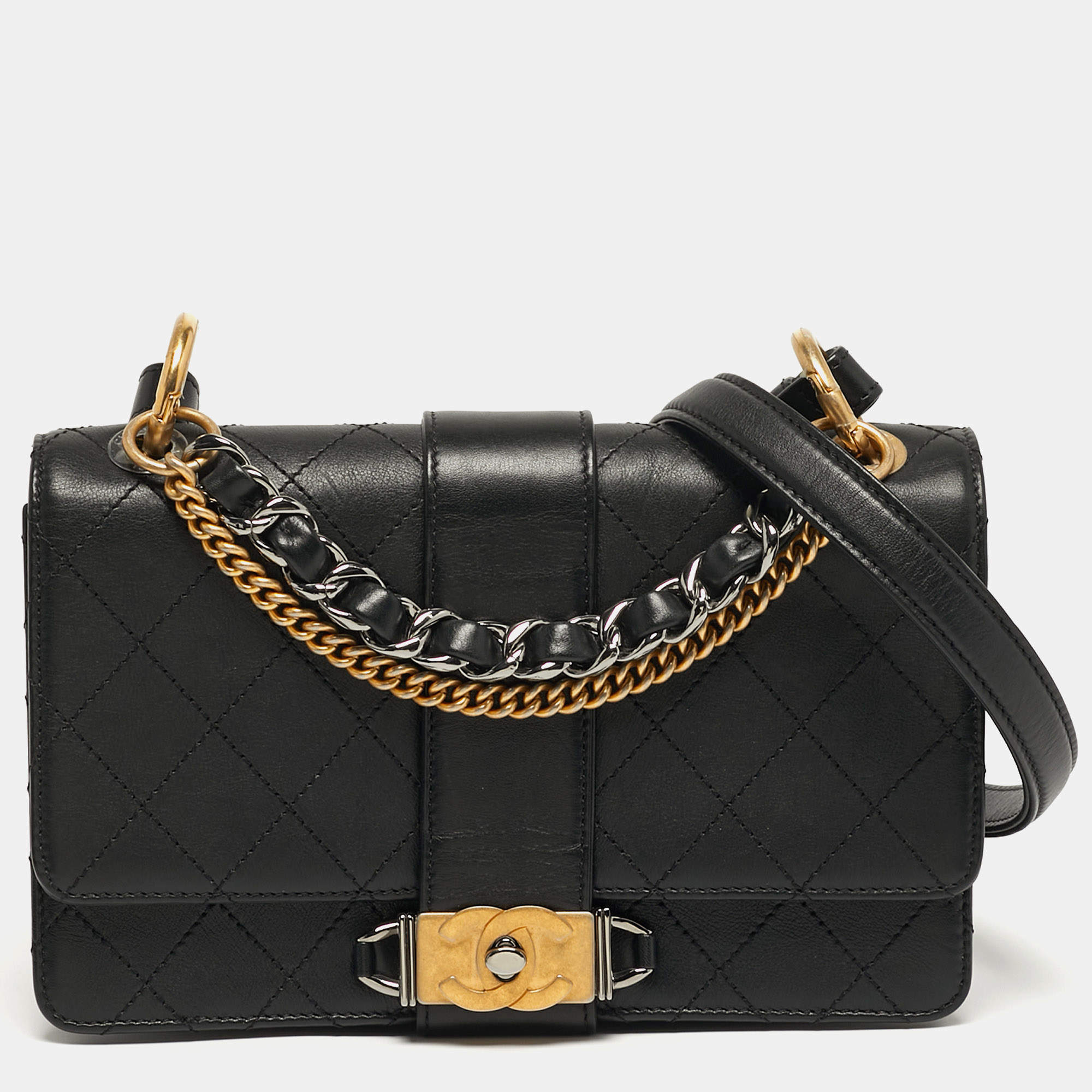 Pre Owned Chanel Double Chain Black Quilted Leather Flap Shoulder Bag