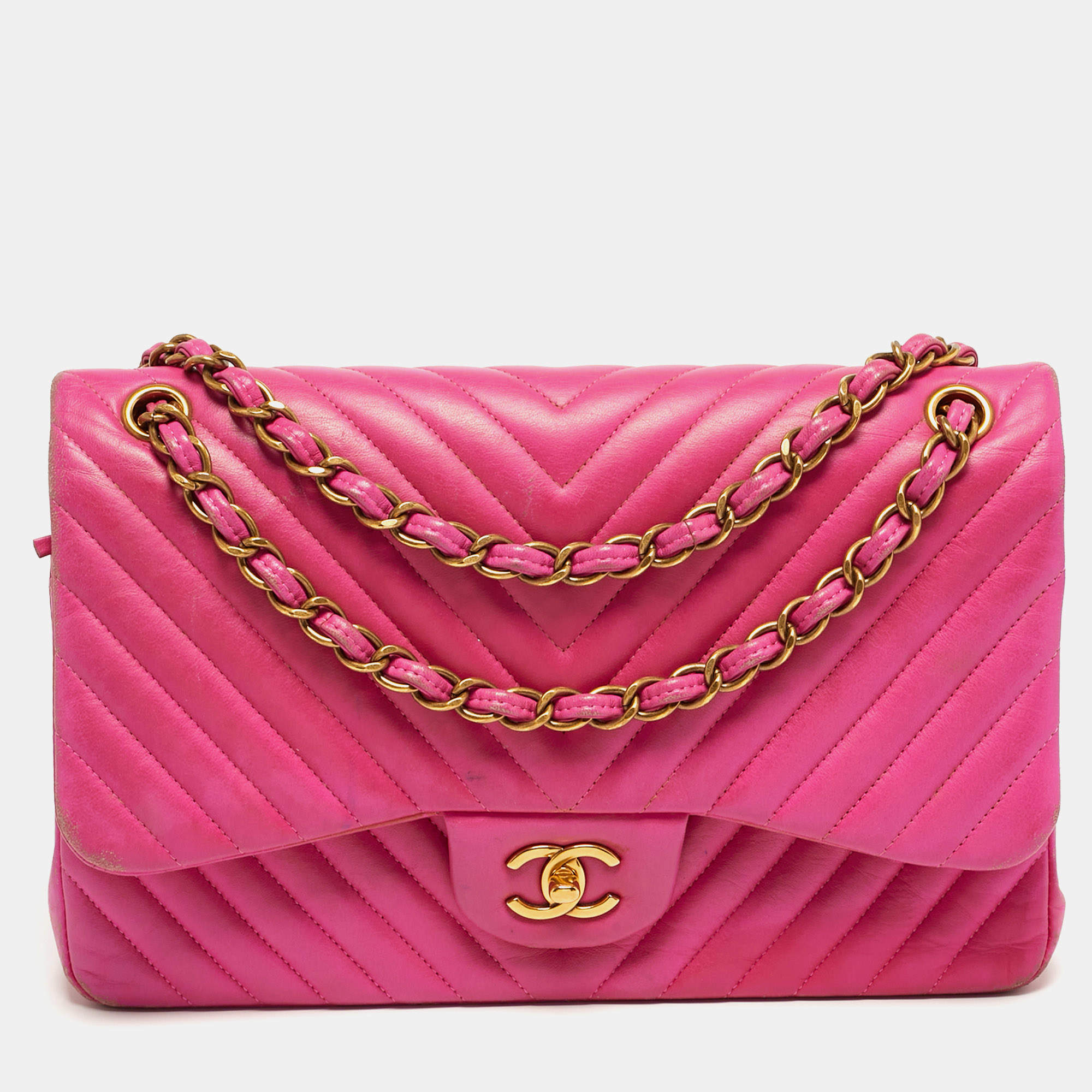 Pre Owned Chanel Classic Double Flap Jumbo Pink Chevron Leather Shoulder Bag