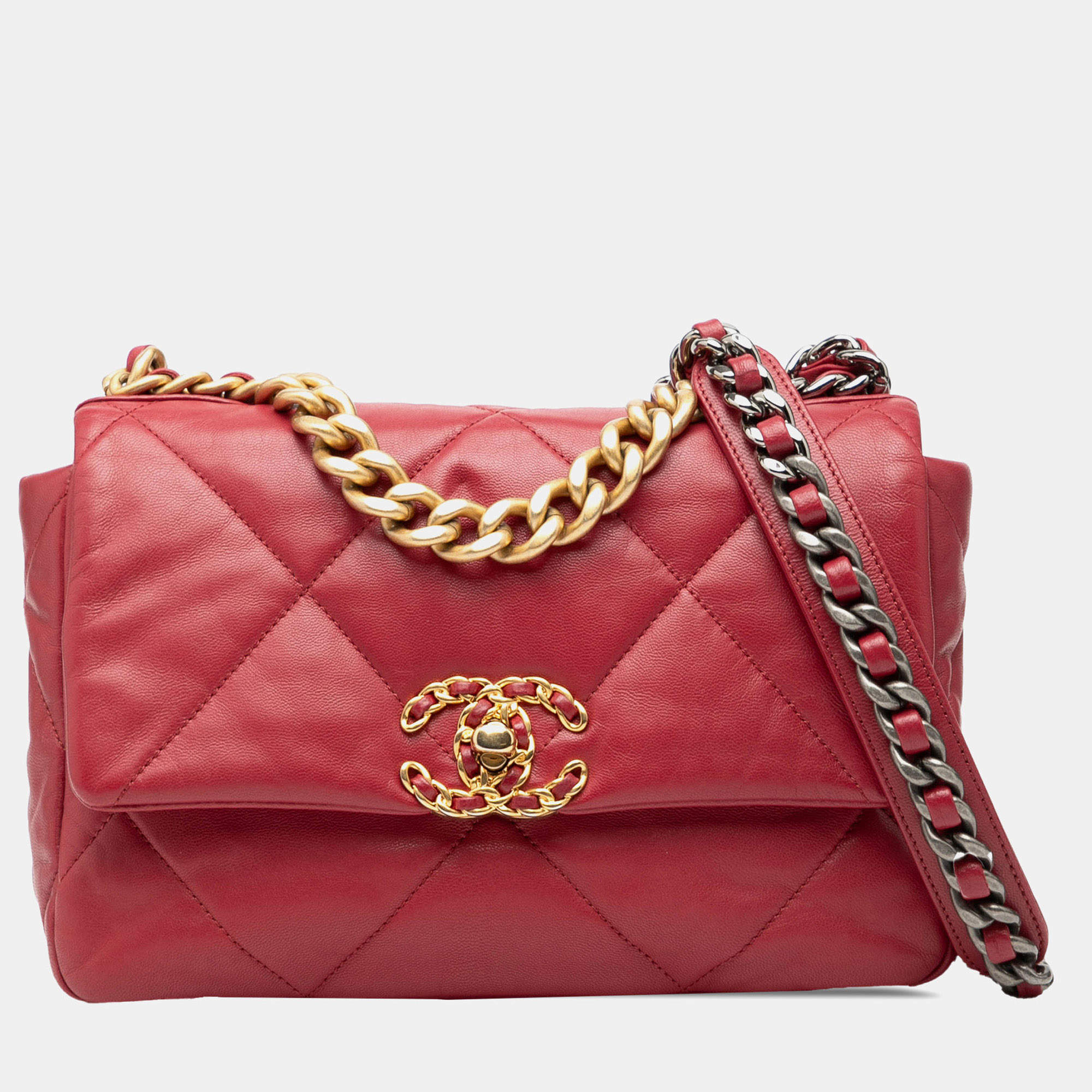 Pre Owned حقيبة شانيل حمراء متوسطة جلد خروف 19 قلاب