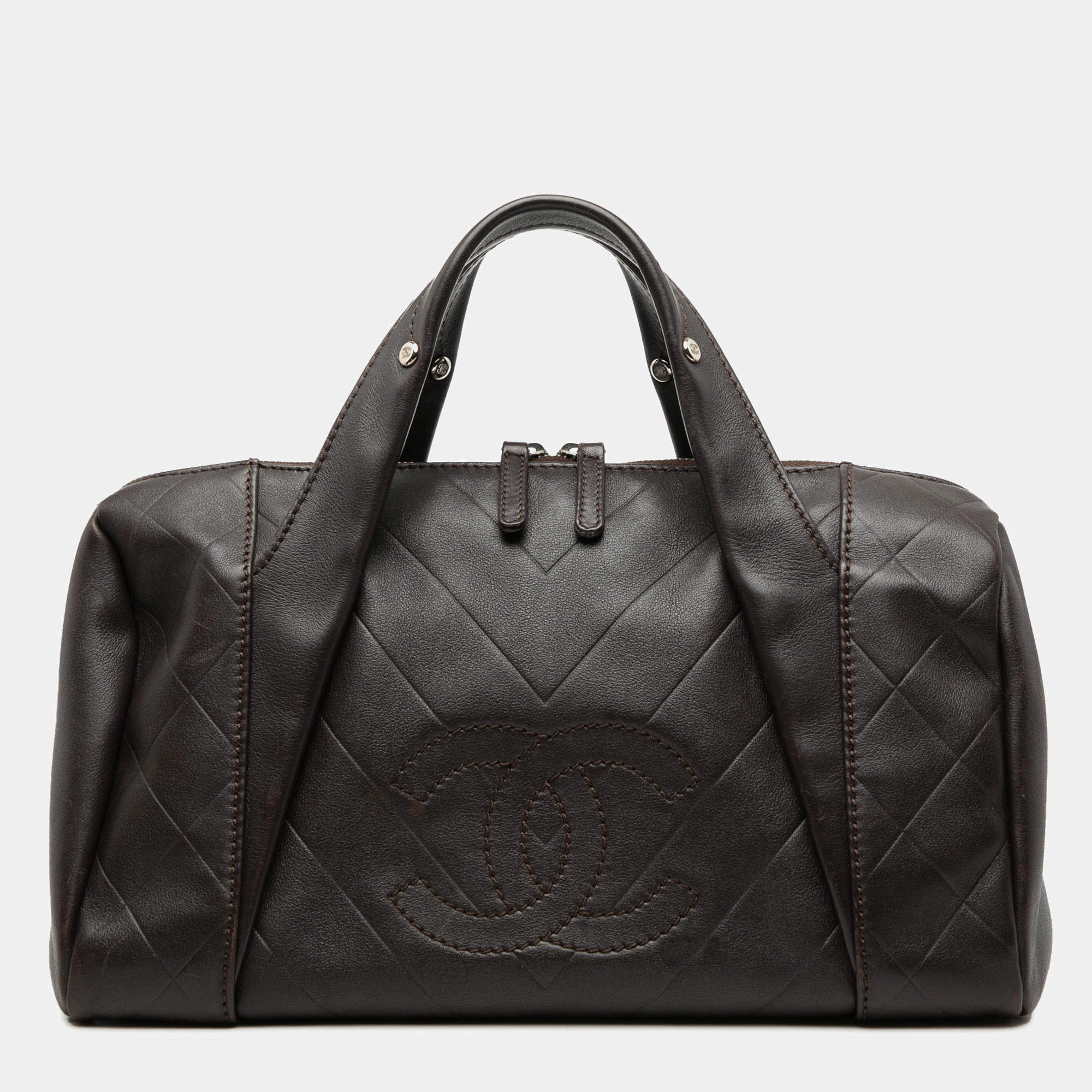 Pre Owned Chanel Brown Medium Chevron Lambskin All Day Long Bowling Bag