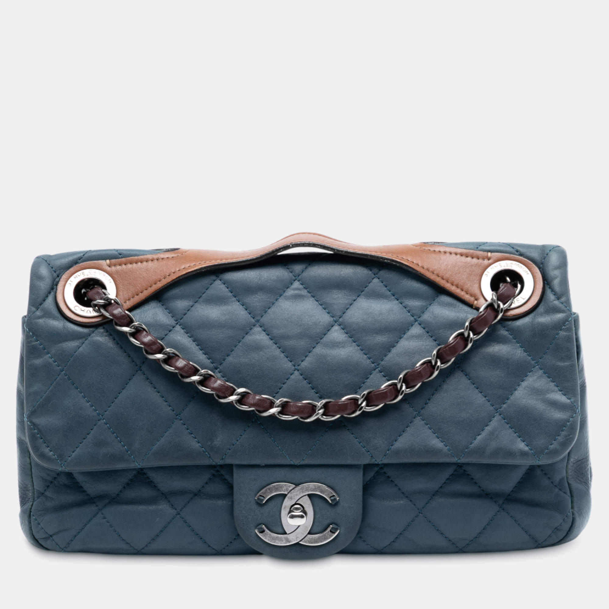 Pre Owned Chanel Blue Medium Iridescent Calfskin In The Mix Flap