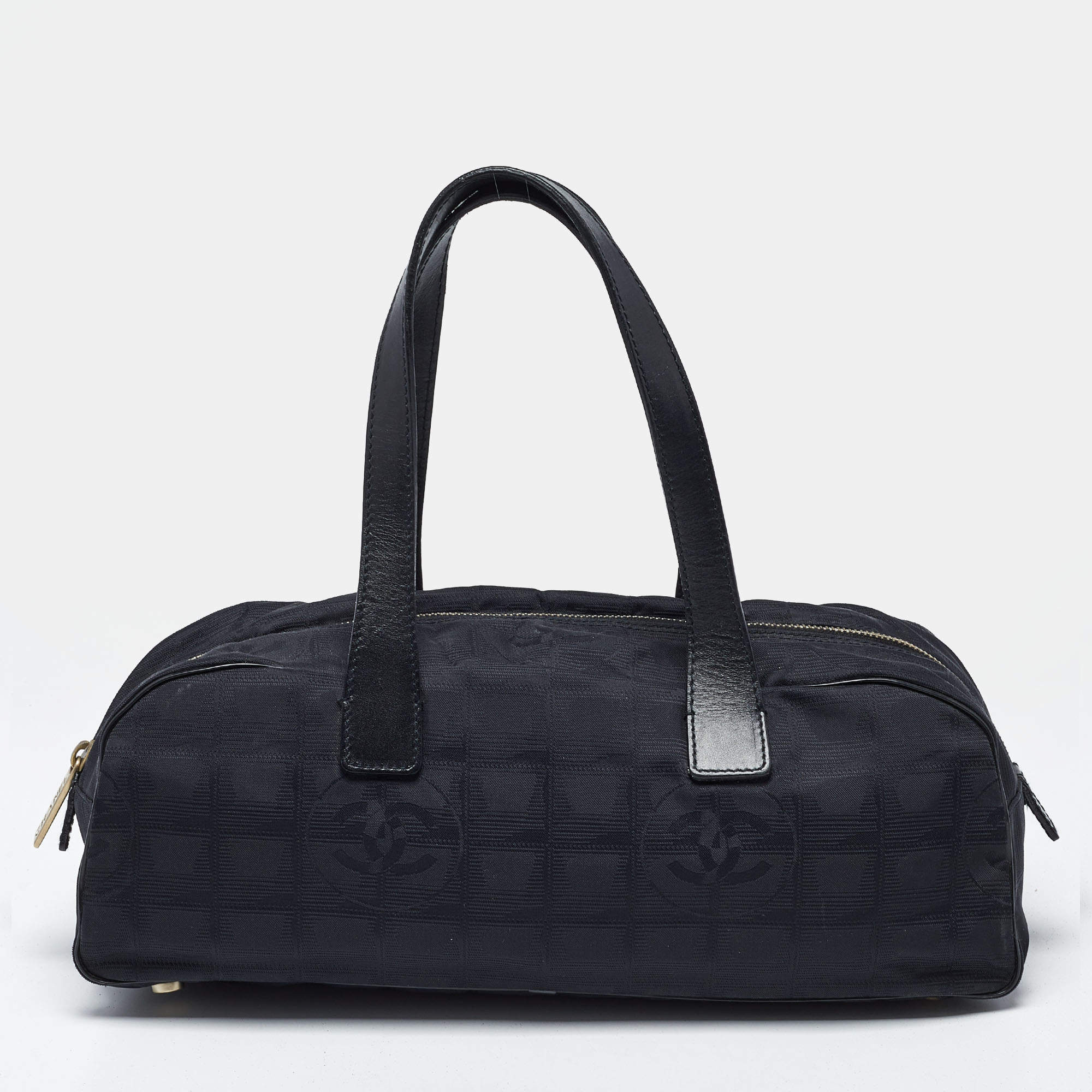 Pre Owned Chanel Travel Ligne Black Printed Nylon Bowler Bag