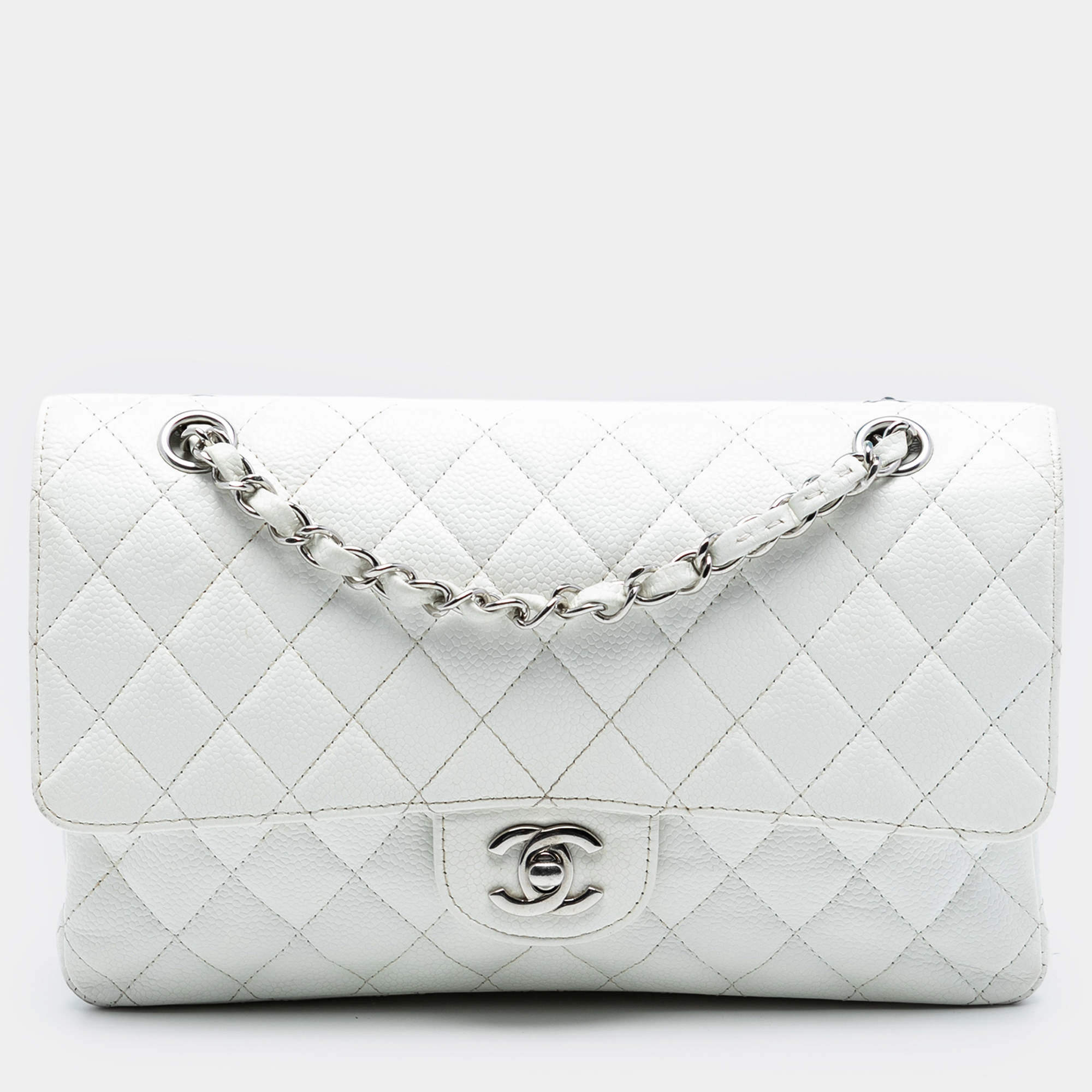 Pre Owned Chanel White Medium Classic Caviar Double Flap
