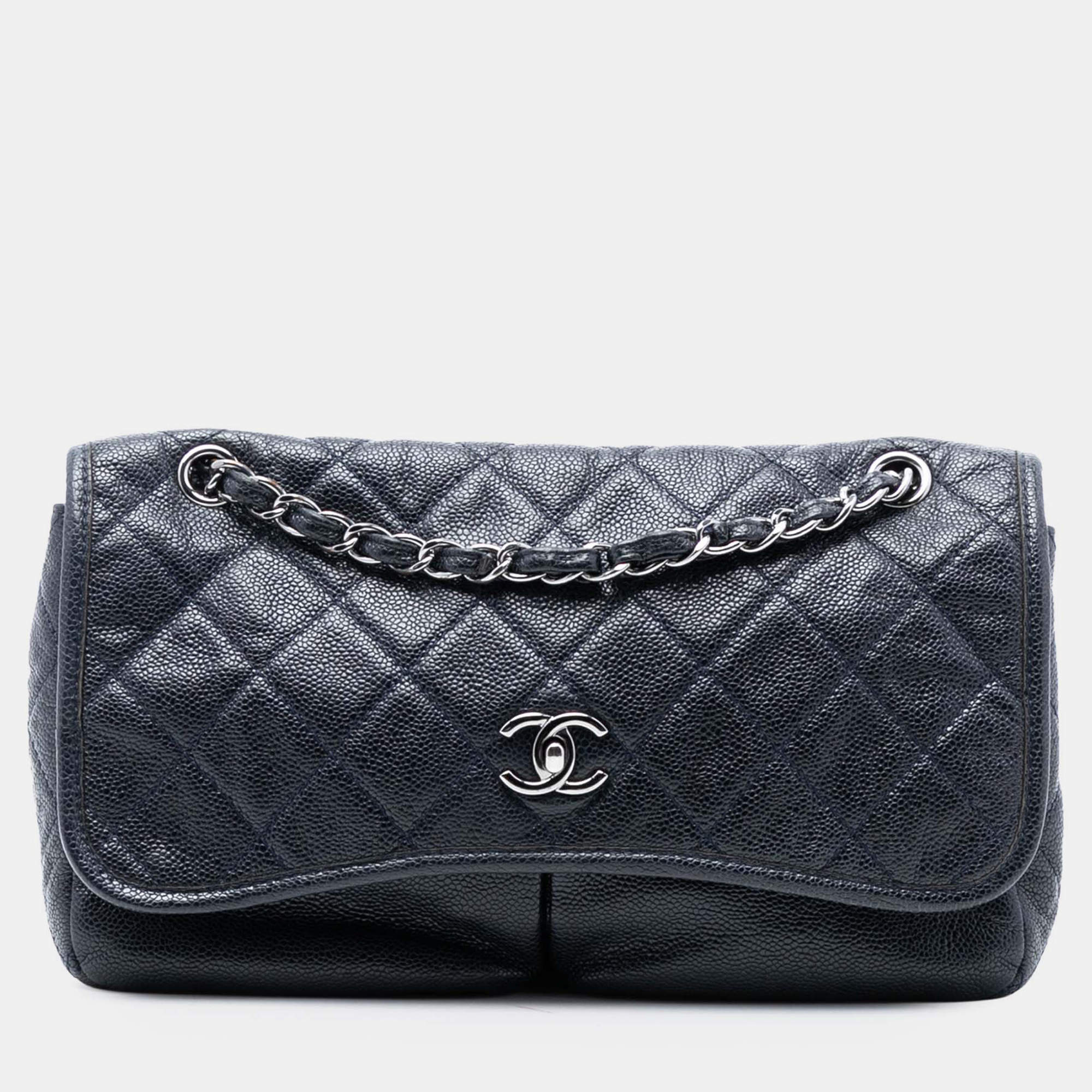 Pre Owned Chanel Blue Medium Quilted Caviar Natural Beauty Split Pocket Flap