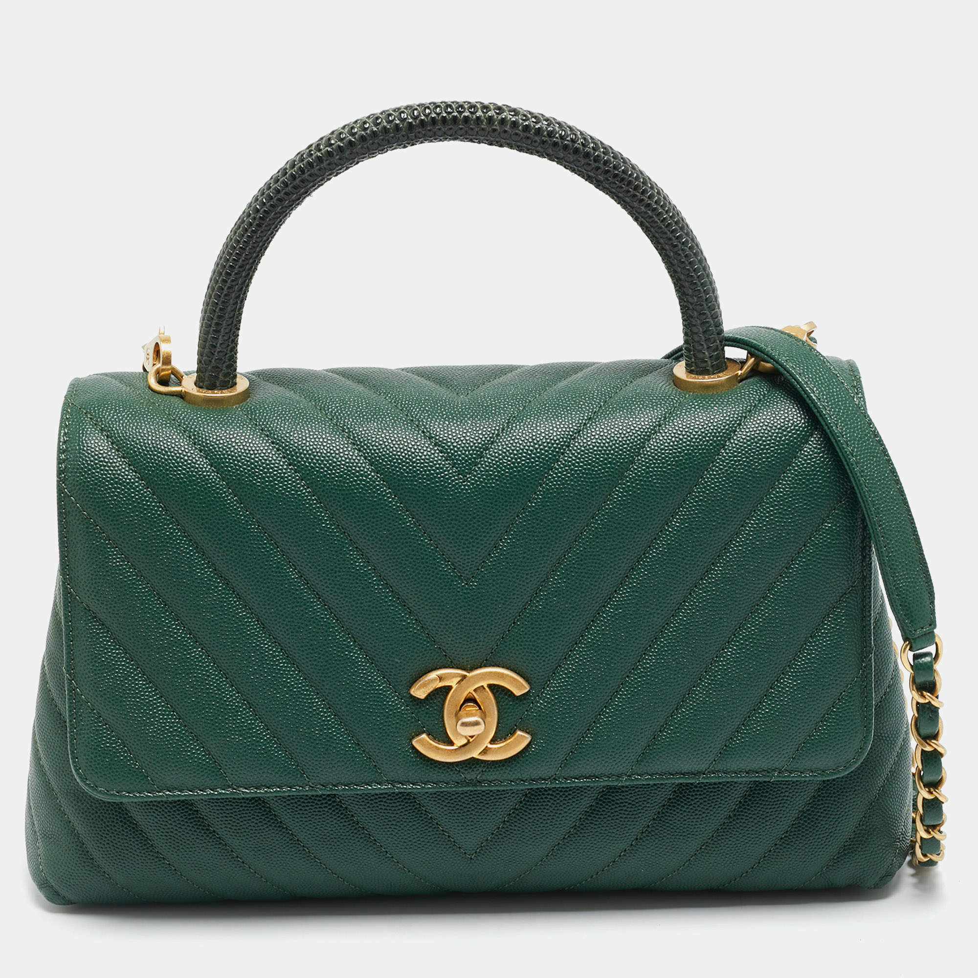 Pre Owned Chanel Coco Small Green Chevron Caviar Leather and Lizard Top Handle Bag