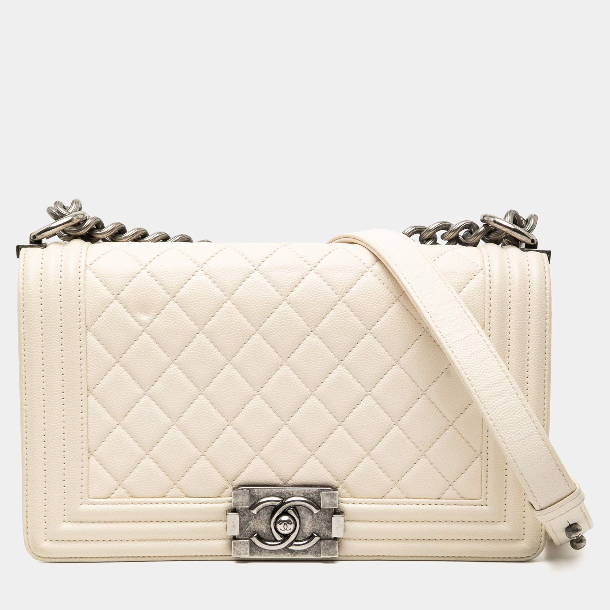 Pre Owned Chanel White Old Medium Quilted Caviar Boy Flap