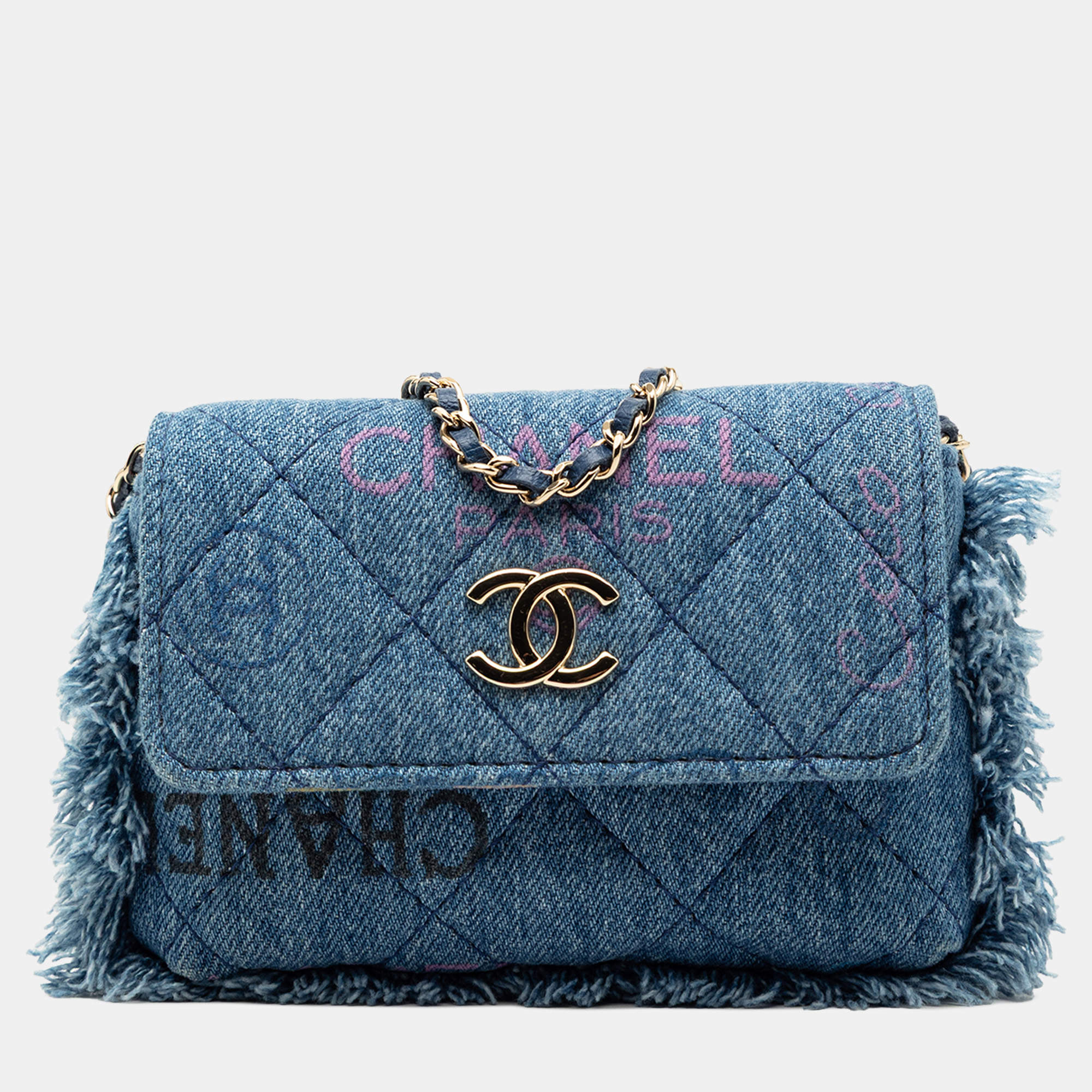 Pre Owned Chanel Blue Fringe Denim Mood Clutch with Chain