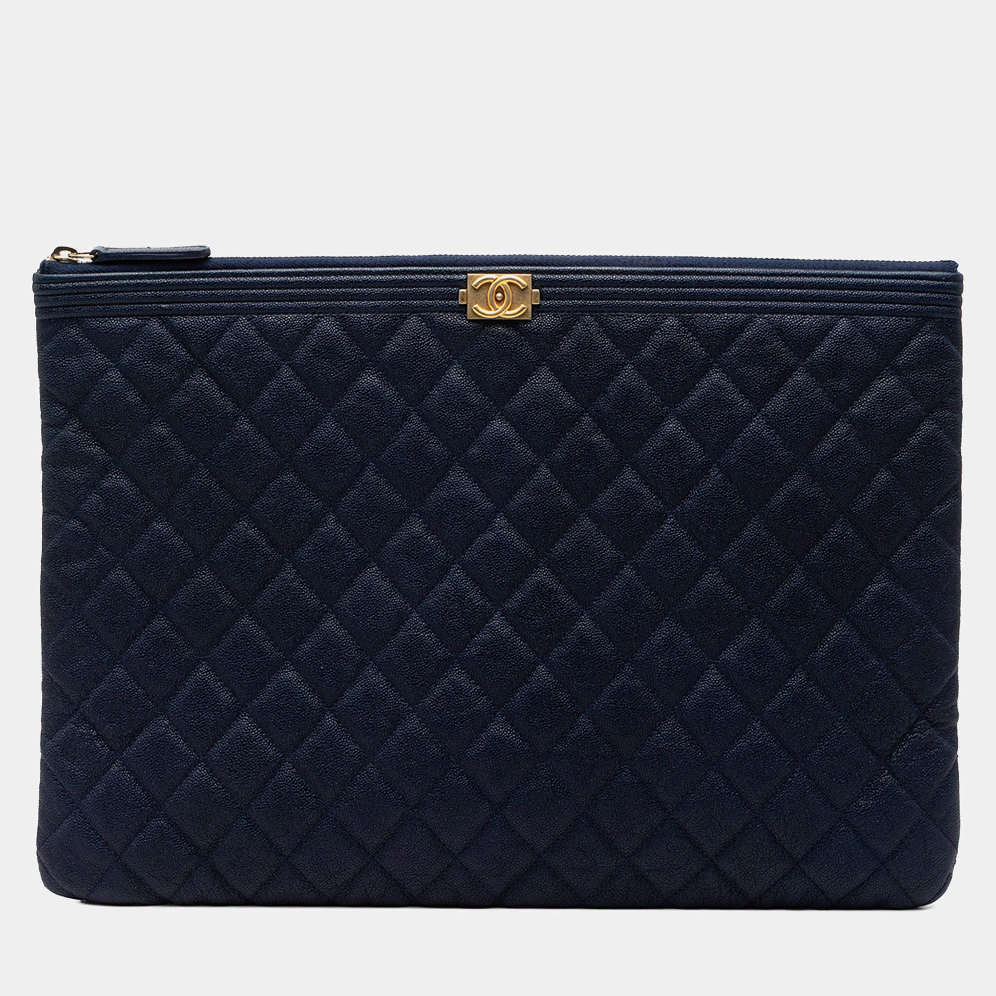 Pre Owned Chanel Blue Large Quilted Caviar Boy O Case Clutch