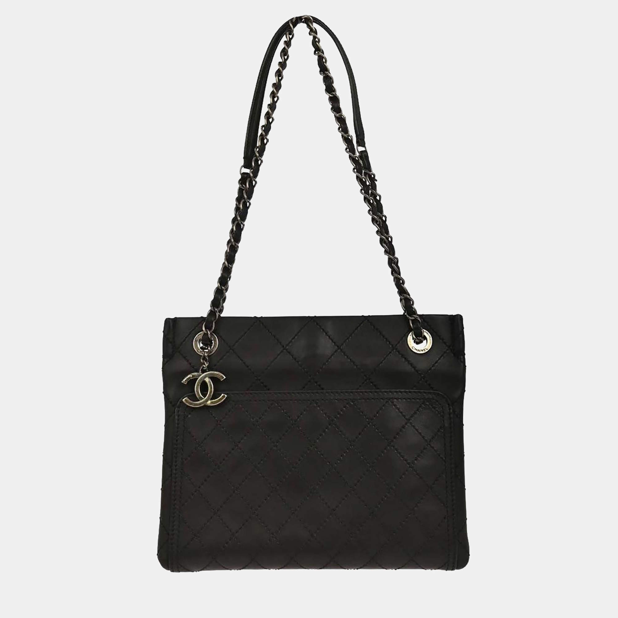 مملوكة مسبقًا Chanel Black Calfskin Wild Stitch Chain Tote Bag
