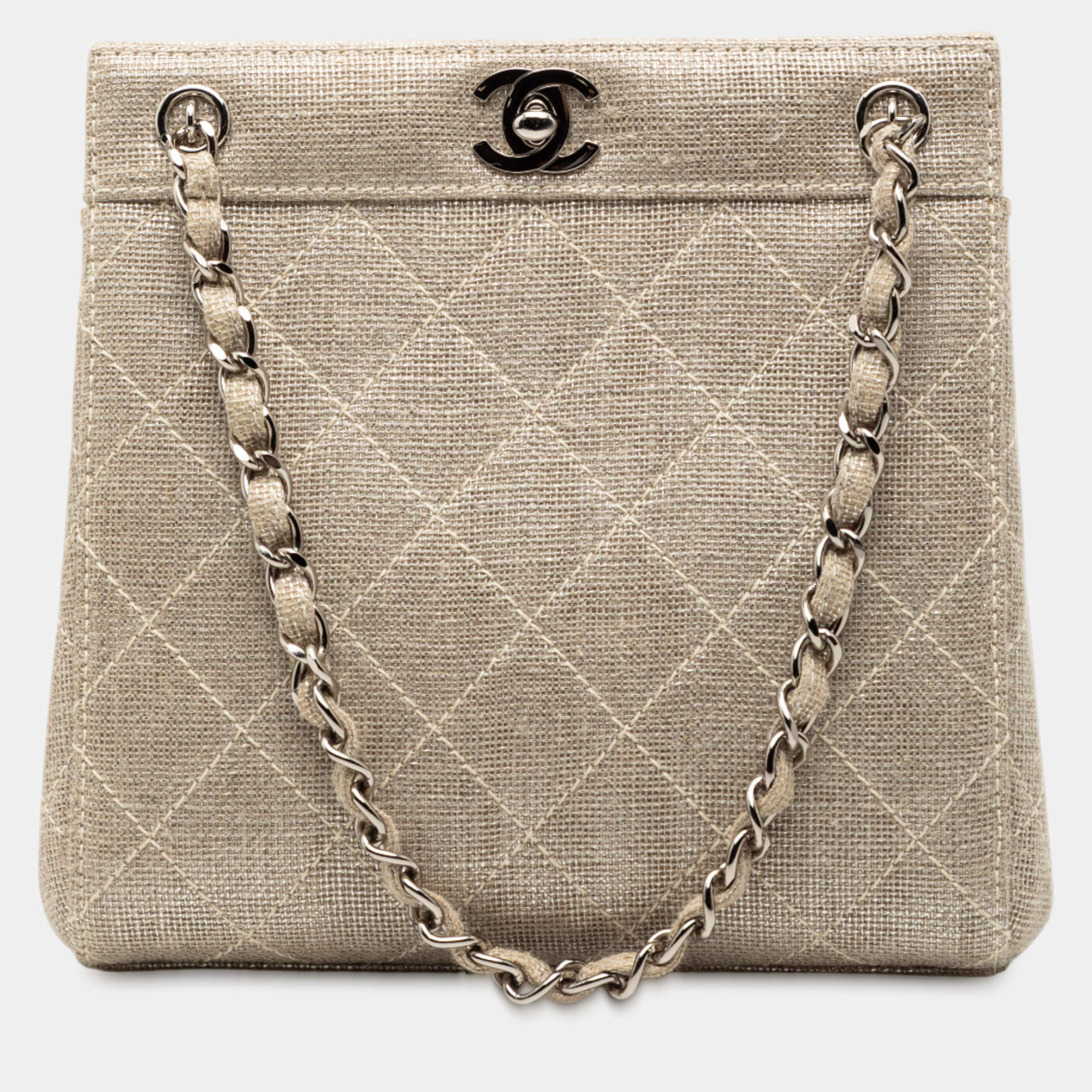 Pre Owned Chanel Brown Mini CC Stitched Linen Chain Tote