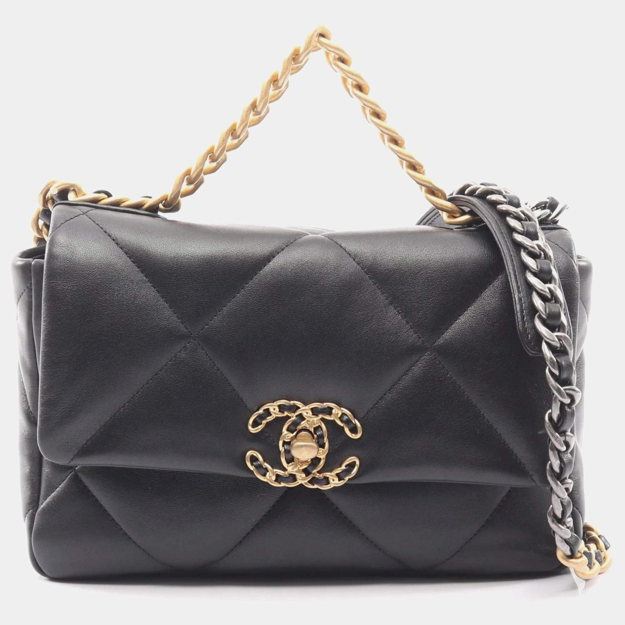 Pre Owned Chanel 19 Disneuf Matelasse Shoulder Bag In Lambskin Leather Black