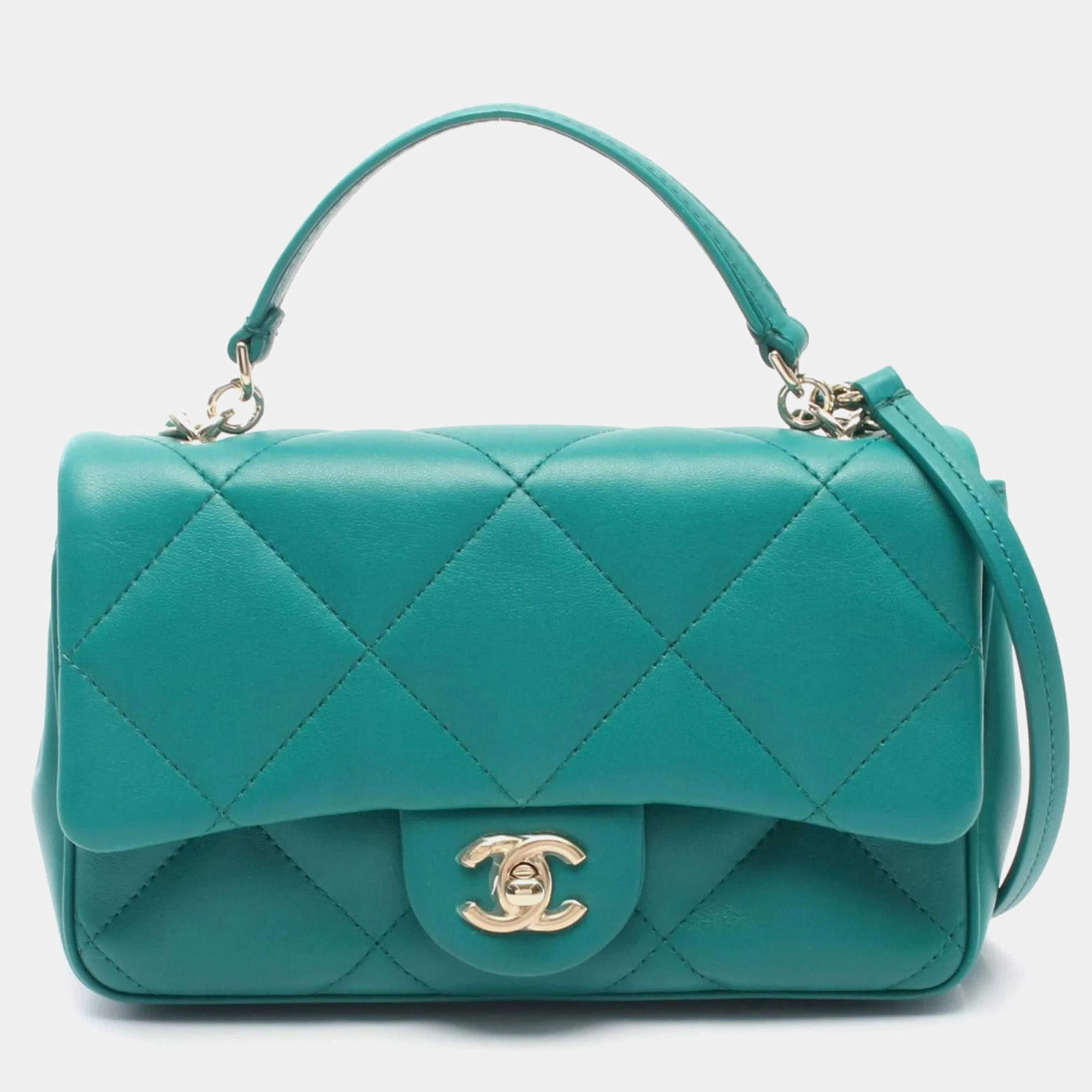 Pre Owned Chanel Top Handle Matelasse Shoulder Bag In Lambskin Leather Green