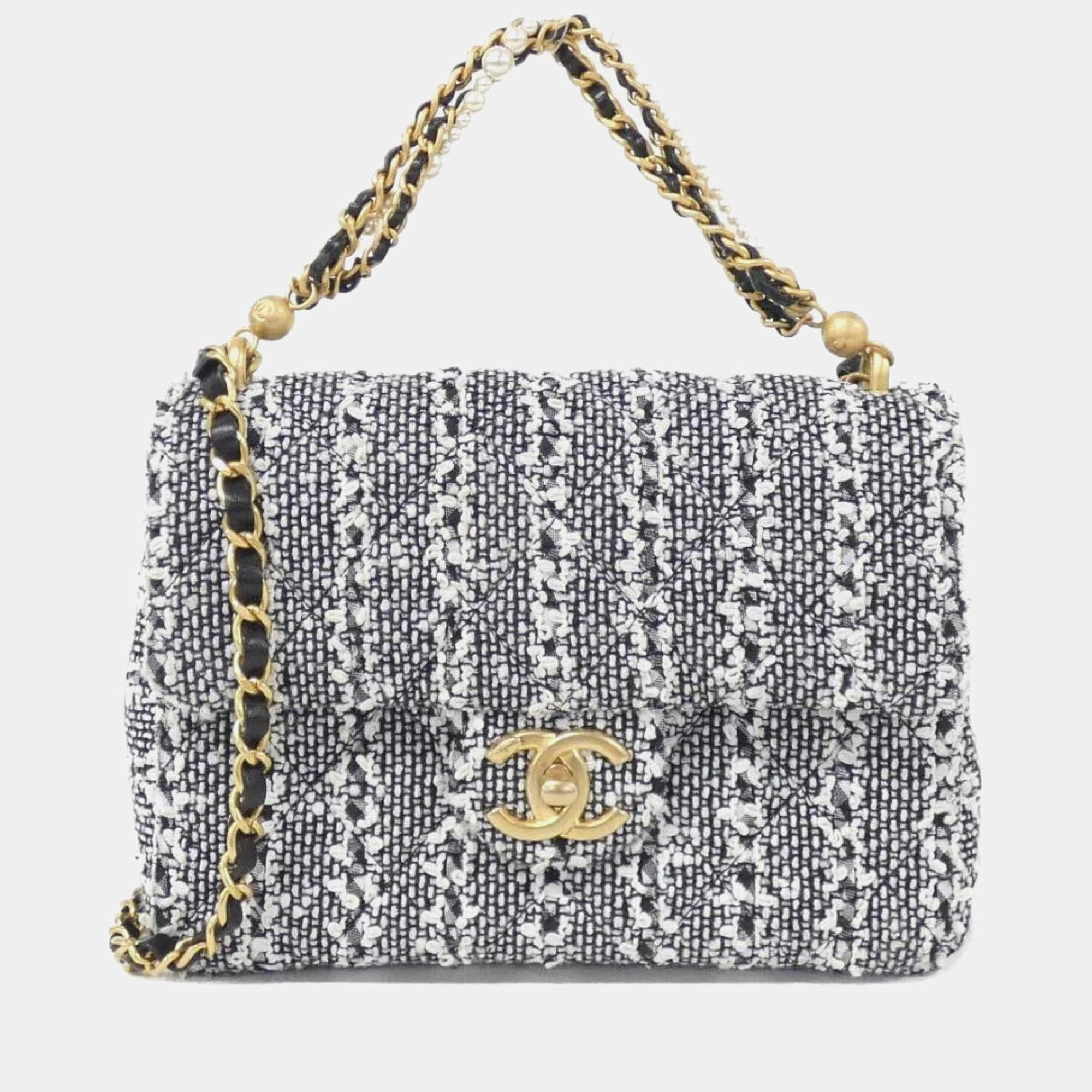 Pre Owned Chanel Black And White Tweed Handbag