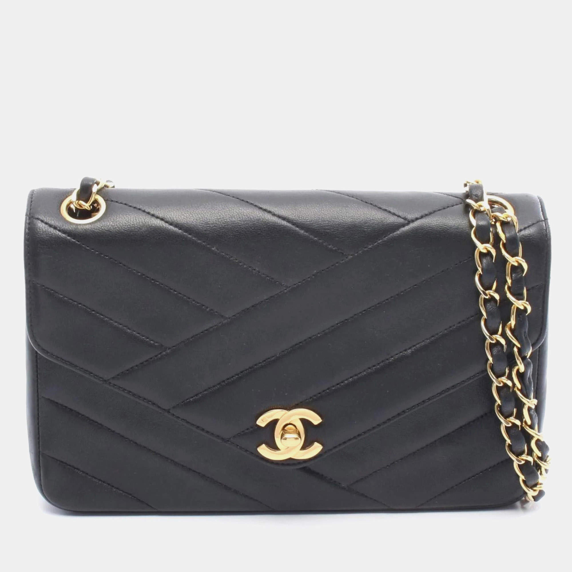 Pre Owned Chanel Bias Stitch Shoulder Bag In Lambskin Leather Black