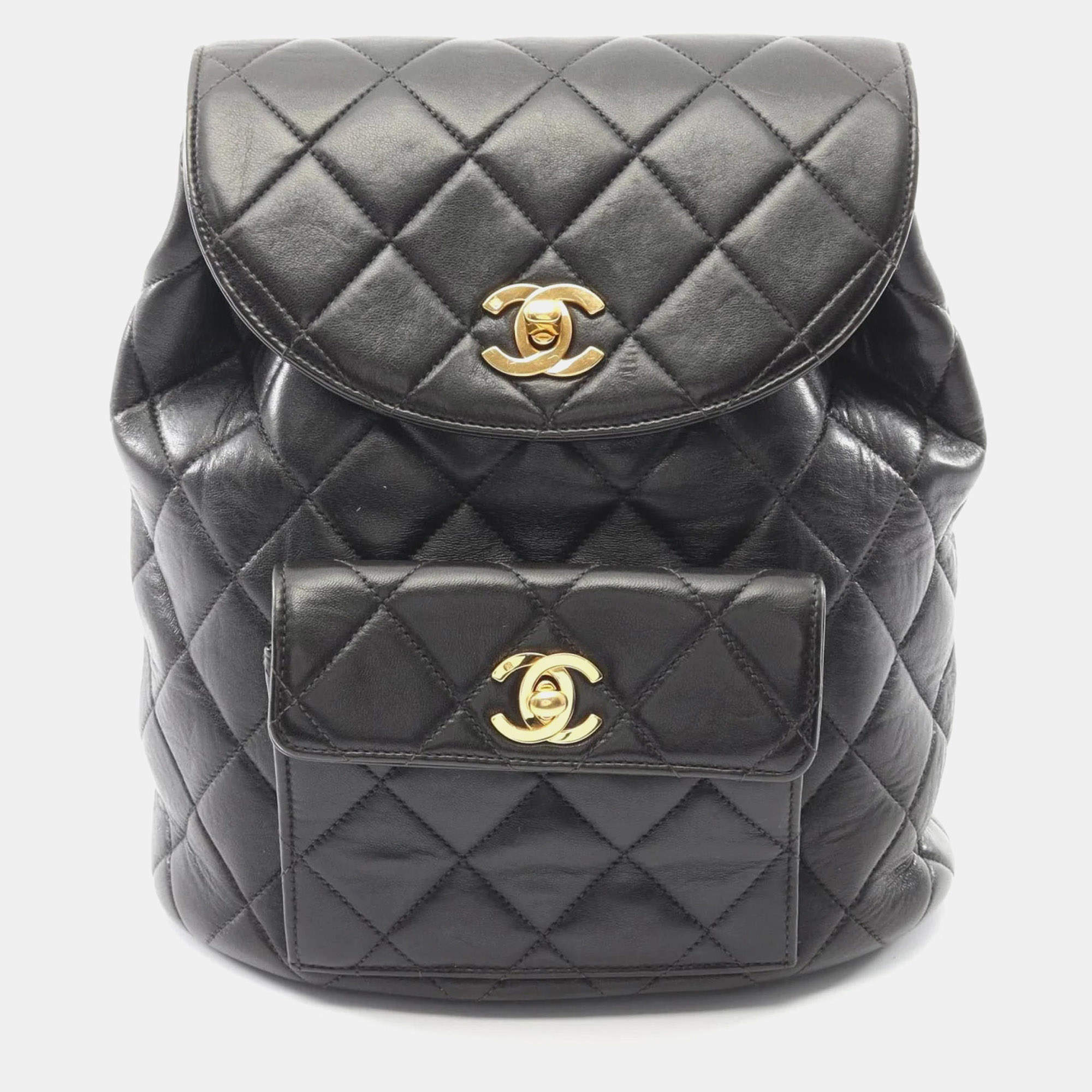 Pre Owned Chanel Matelasse Backpack Bag In Lambskin Leather Black