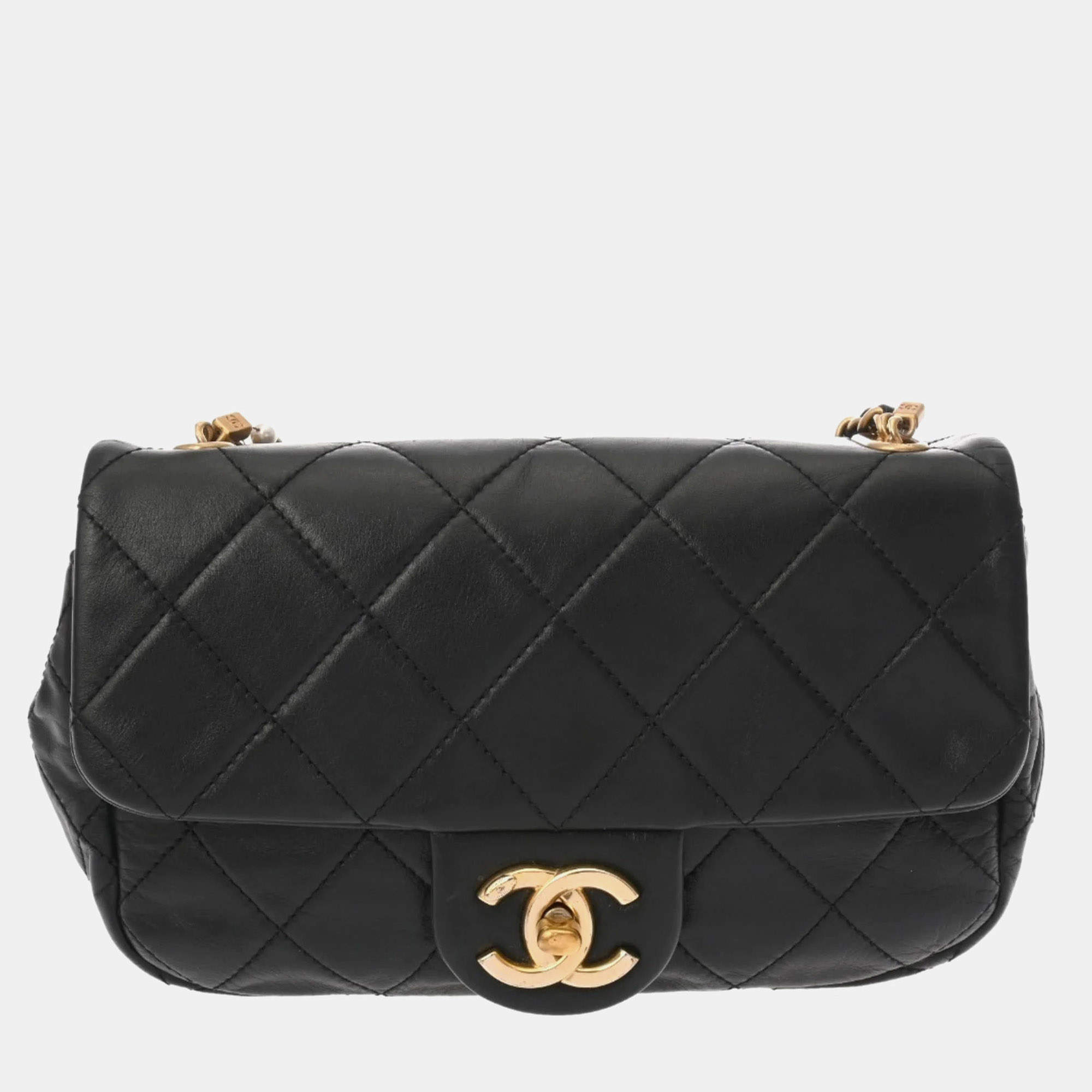 Pre Owned Chanel Matelasse Mini Chain Shoulder Bag In Black With Calfskin And Pearl