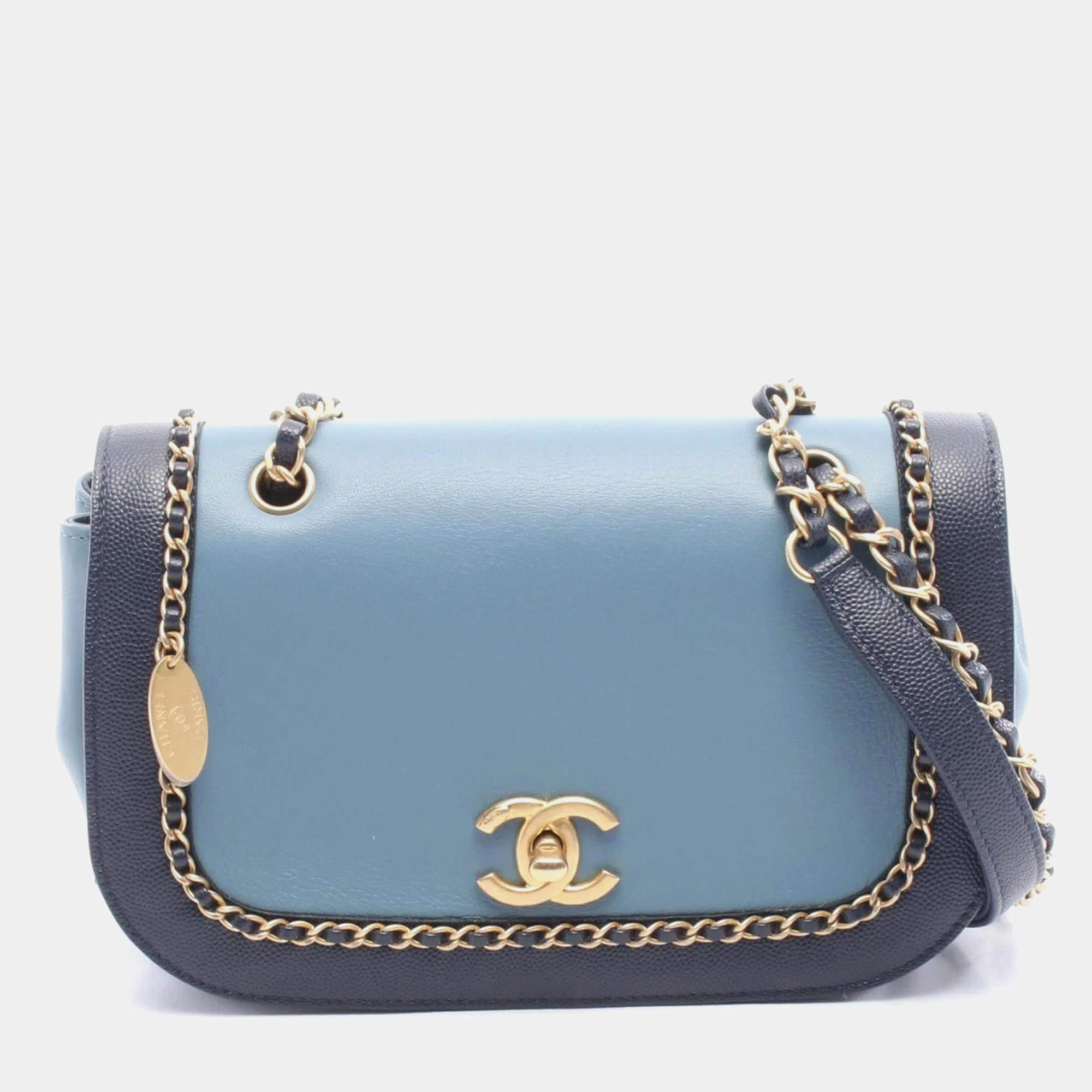 Pre Owned Chanel Chain Around Flap Bag Shoulder Leather Blue Navy