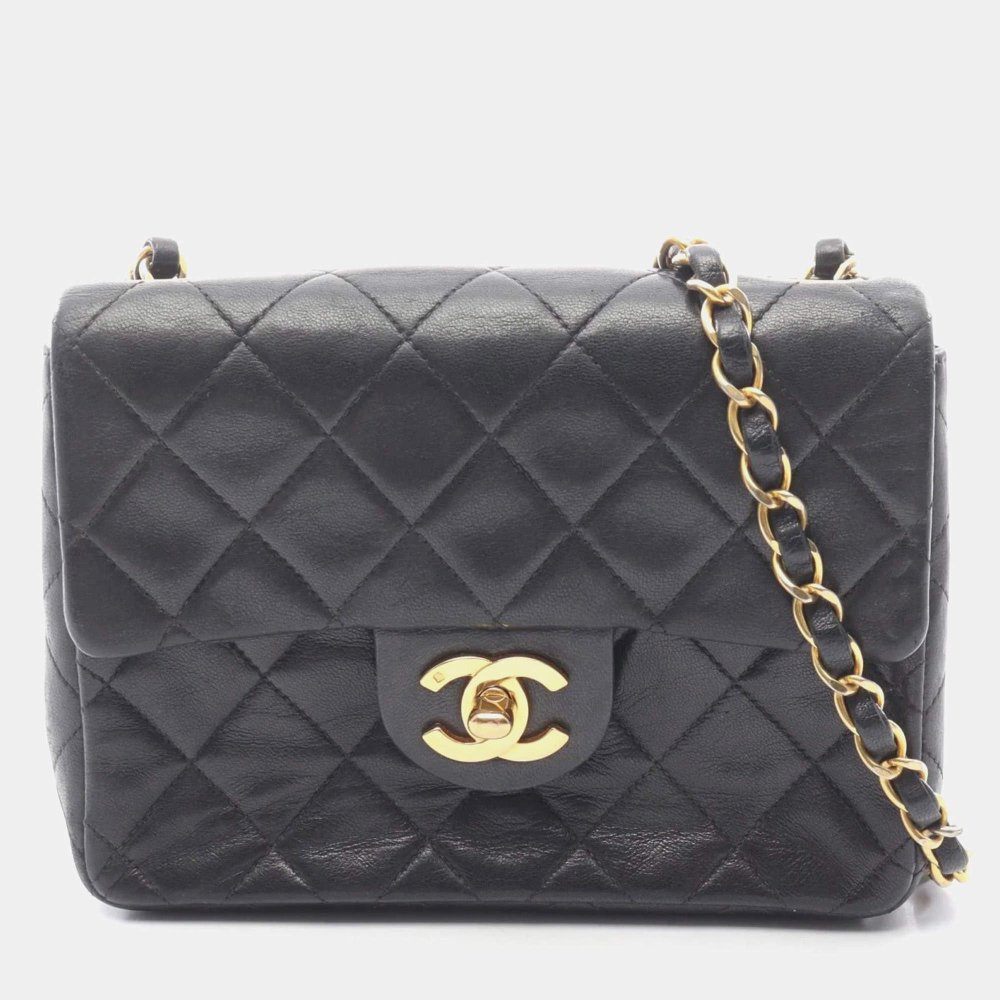 Pre Owned Chanel Mini Matelasse Shoulder Bag Lambskin Leather Black