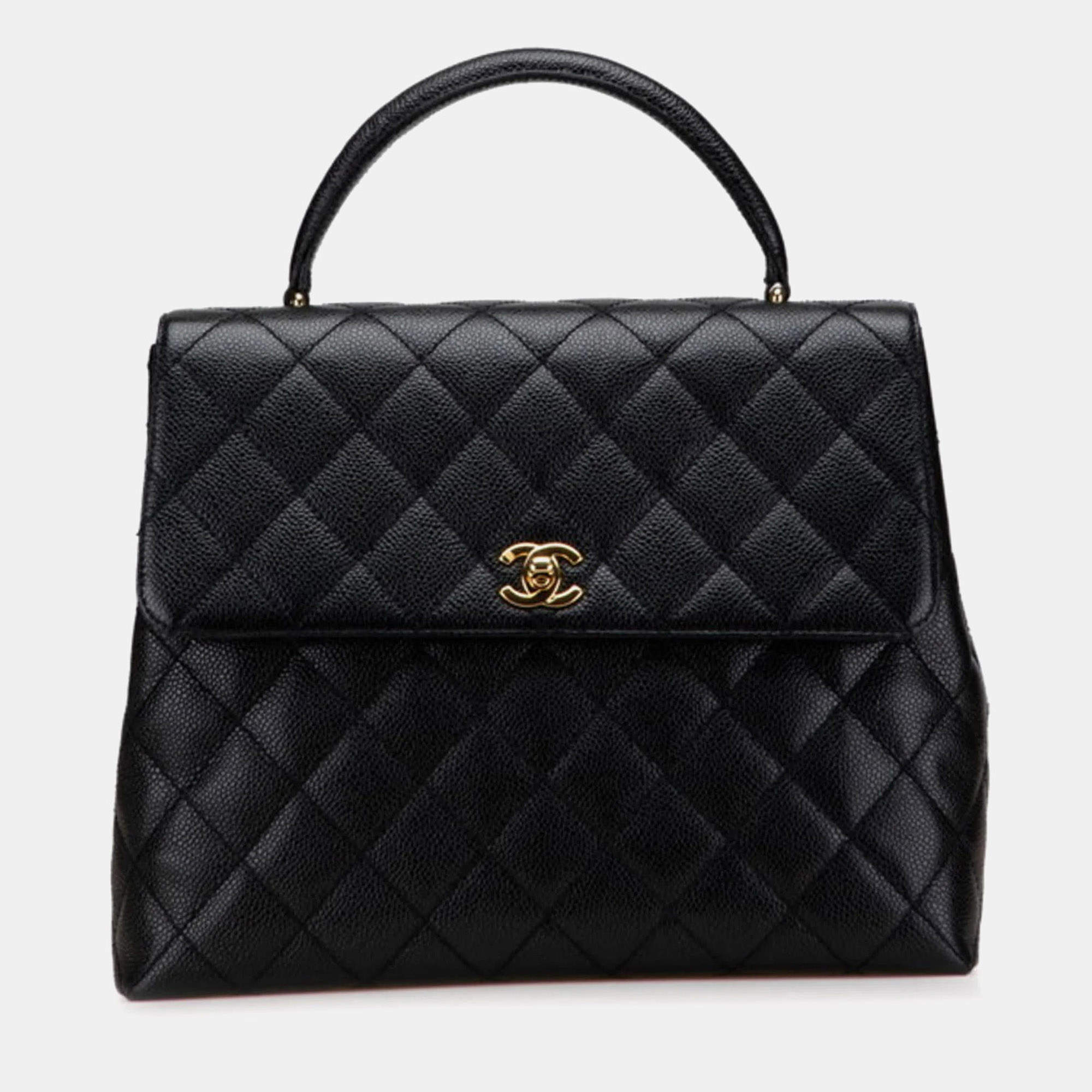 Pre Owned Chanel Matelasse Coco Mark Handbag In Black Caviar Skin