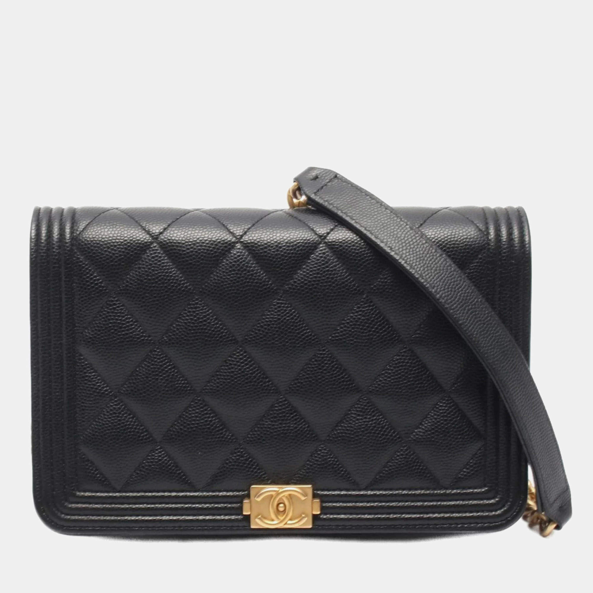 Pre Owned Chanel Boy Chanel Matelasse Shoulder Bag In Grained Calfskin Leather Black