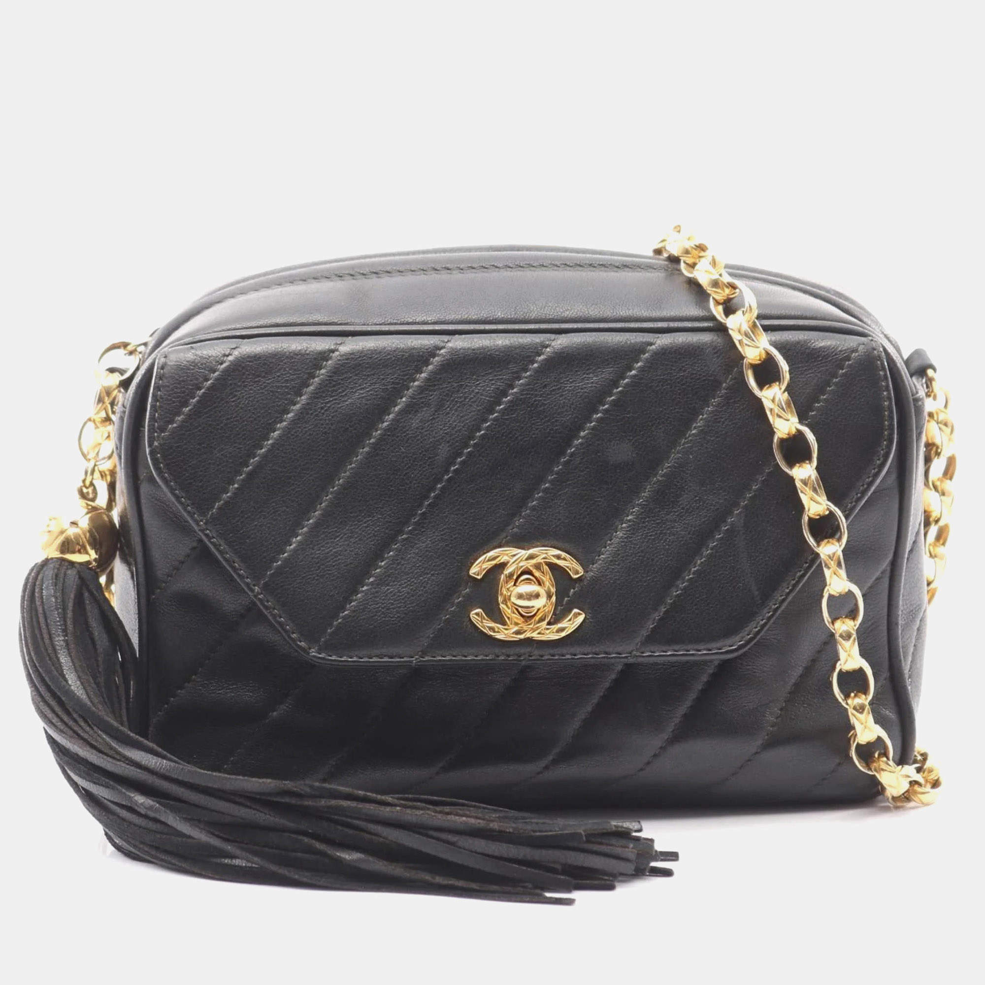 Pre Owned Chanel Coco Mark Bias Stitch Shoulder Bag In Lambskin Leather Black