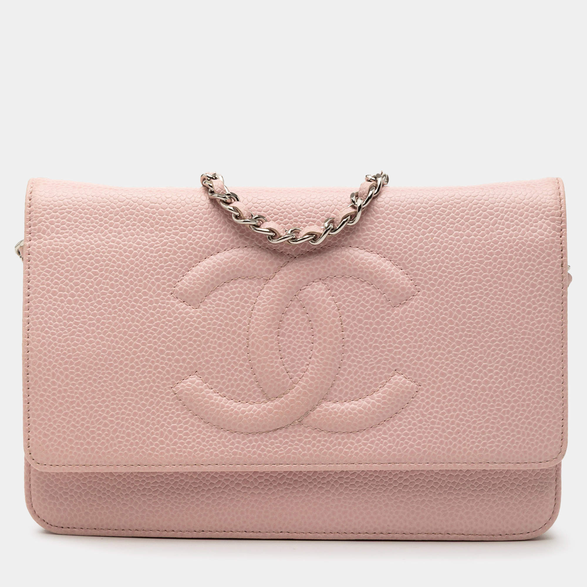 Pre Owned Chanel Pink CC Caviar Wallet On Chain