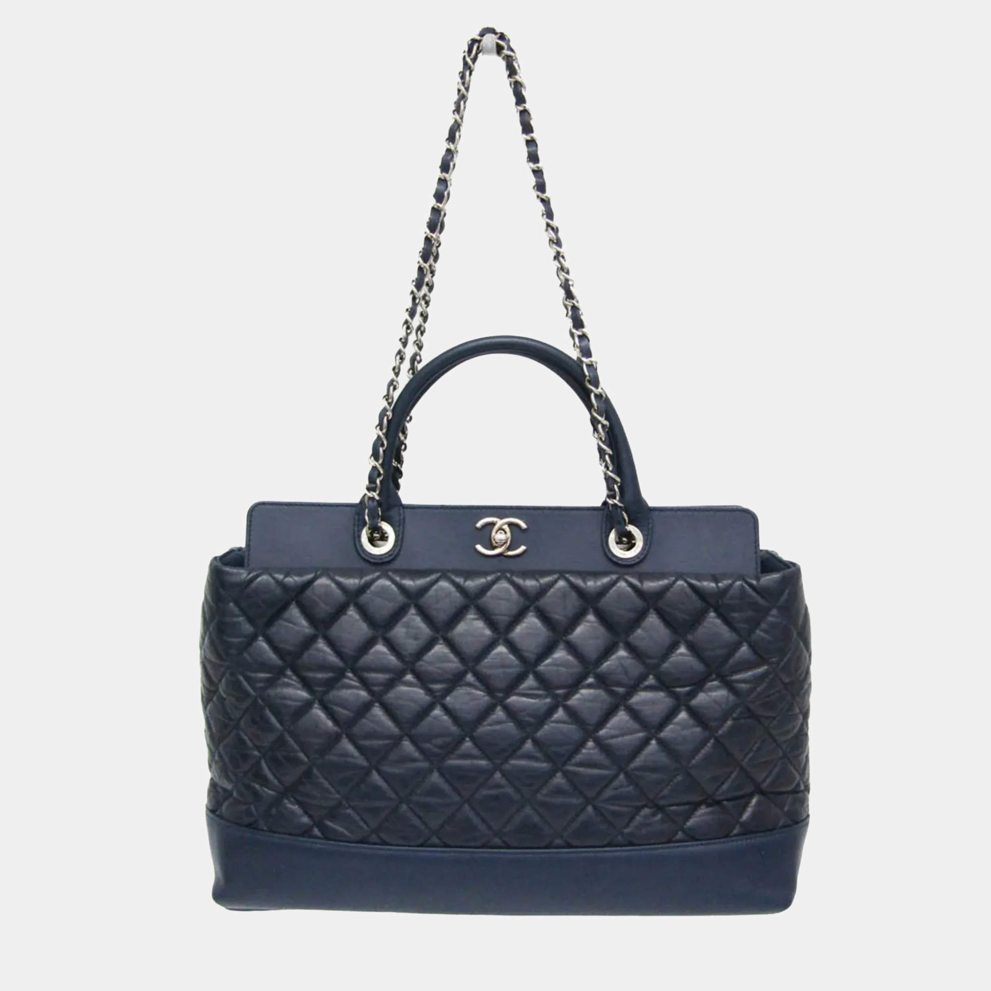 Pre Owned Chanel Matelasse Portobello Tote Bag Leather Shoulder Bag Tote Bag Navy