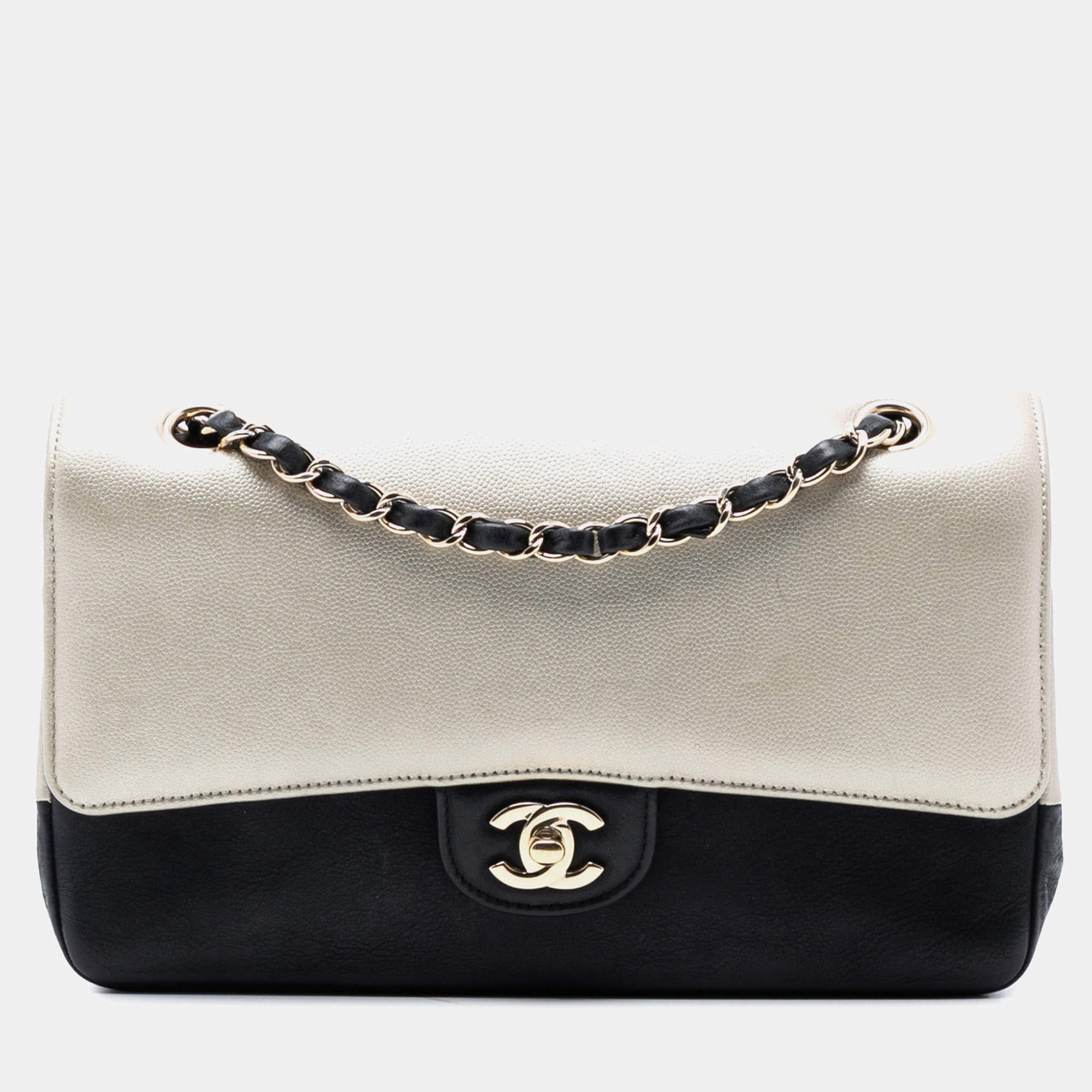 Pre Owned Chanel Black Silver Medium Classic Bicolor Caviar Double Flap