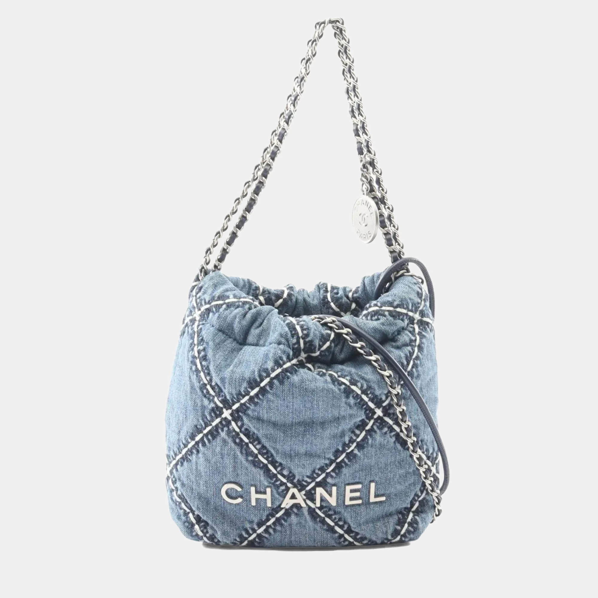 Pre Owned Chanel 22 Mini Shoulder Bag Denim And Leather Blue