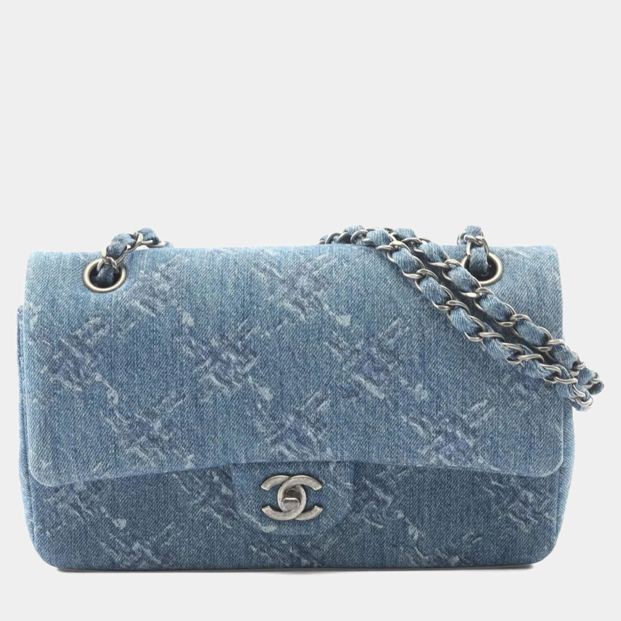Pre Owned Chanel Coco Mark Blue Denim Double Flap Shoulder Bag 