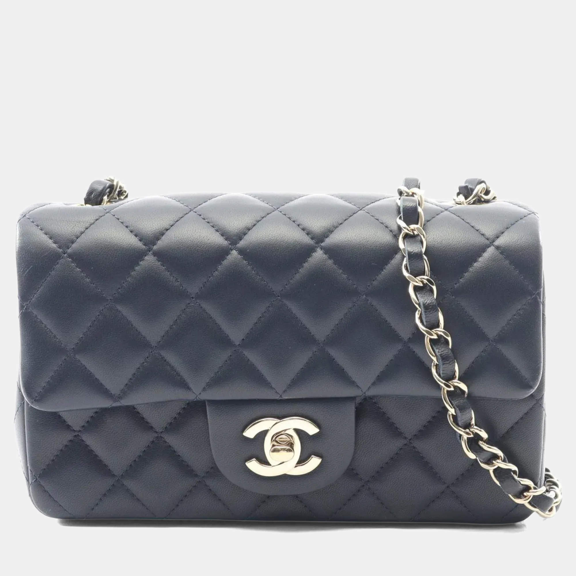 Pre Owned Chanel Mini Matelasse 20 Shoulder Bag In Lambskin Navy Blue