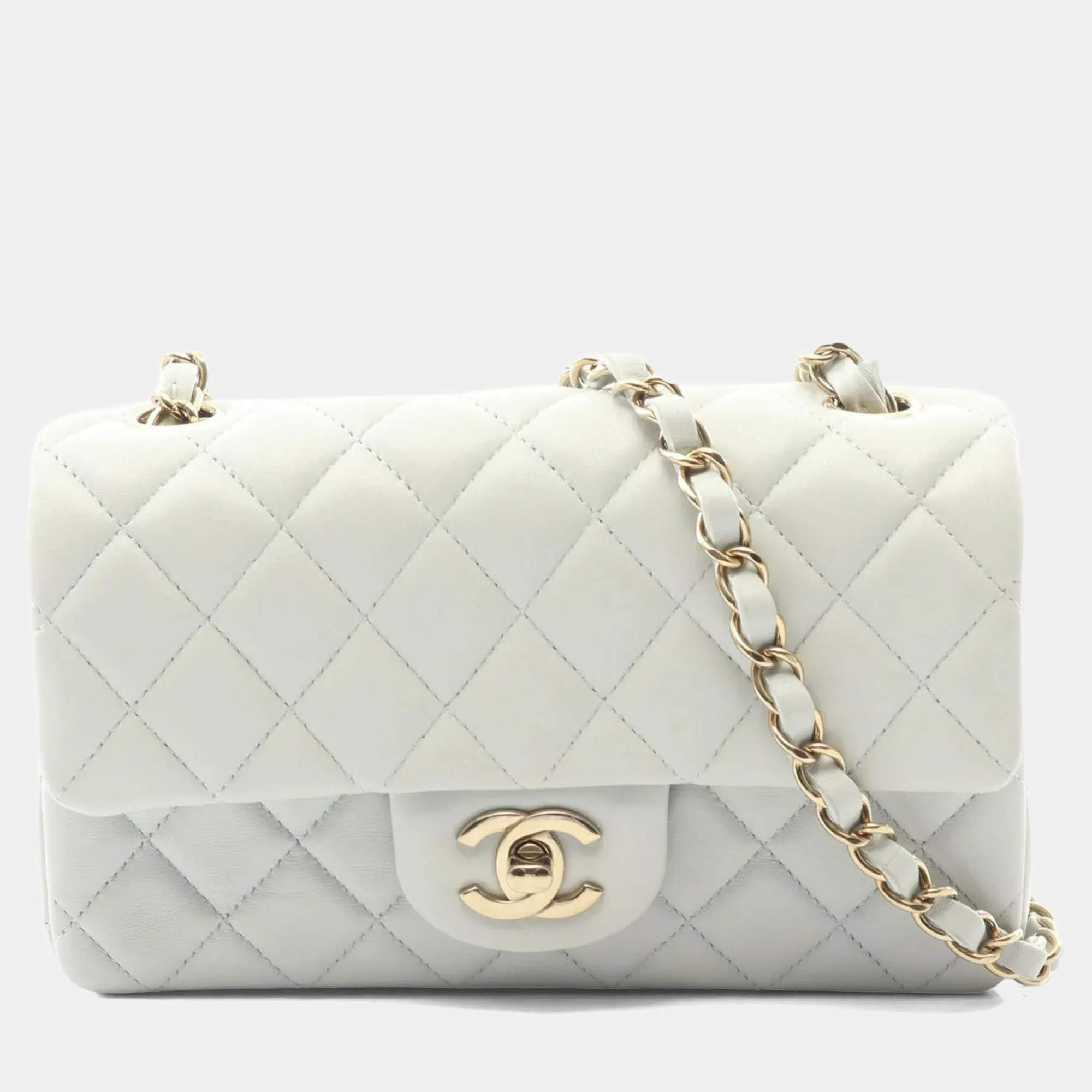 Pre Owned Chanel Mini Matelasse 20 Shoulder Bag Lambskin Leather Gray