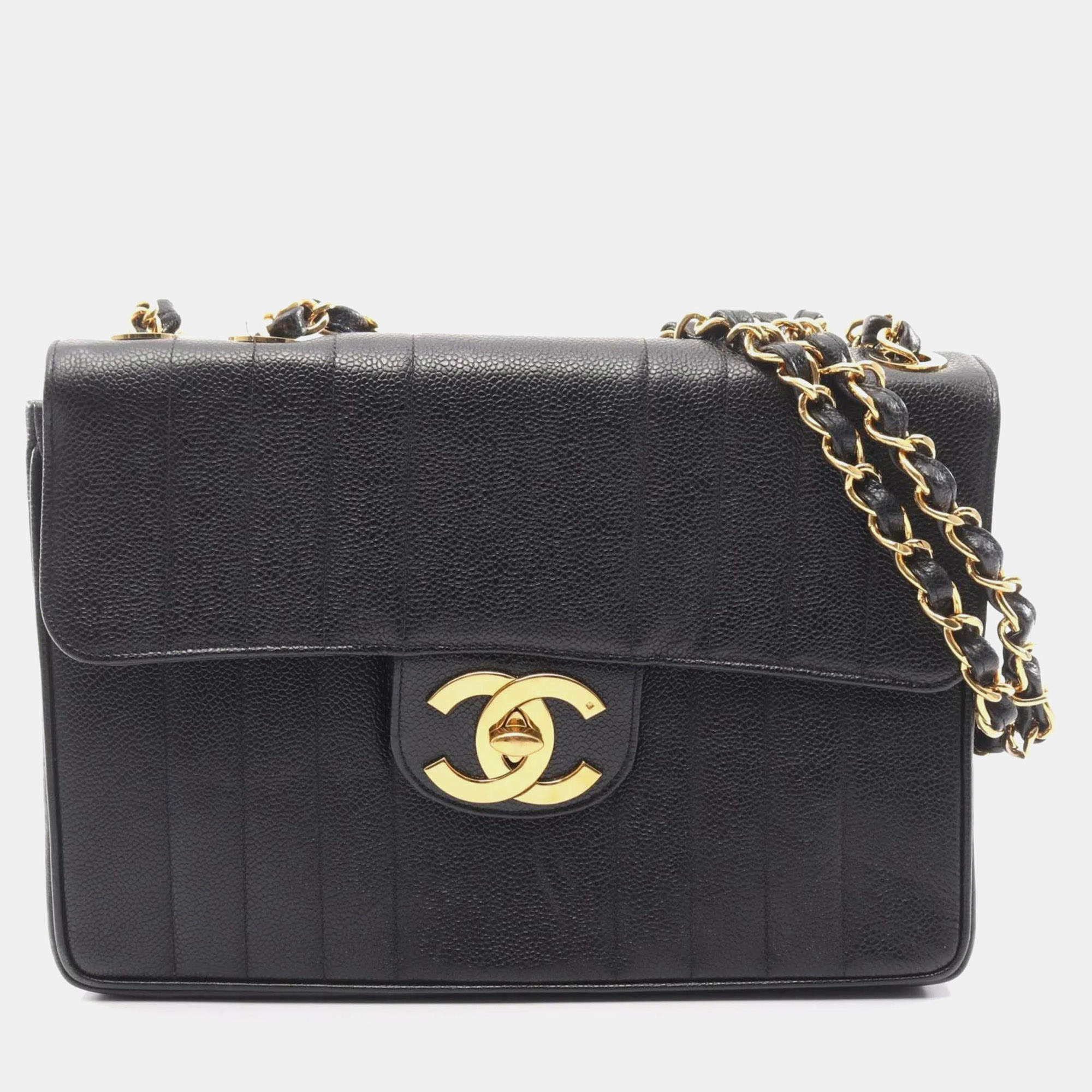 Pre Owned Chanel Mademoiselle Shoulder Bag In Grained Calfskin Leather  Black