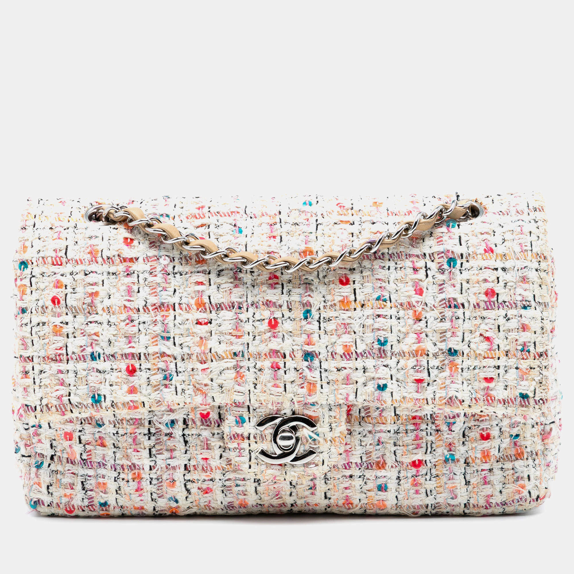 Pre Owned Chanel White Medium Classic Tweed Double Flap