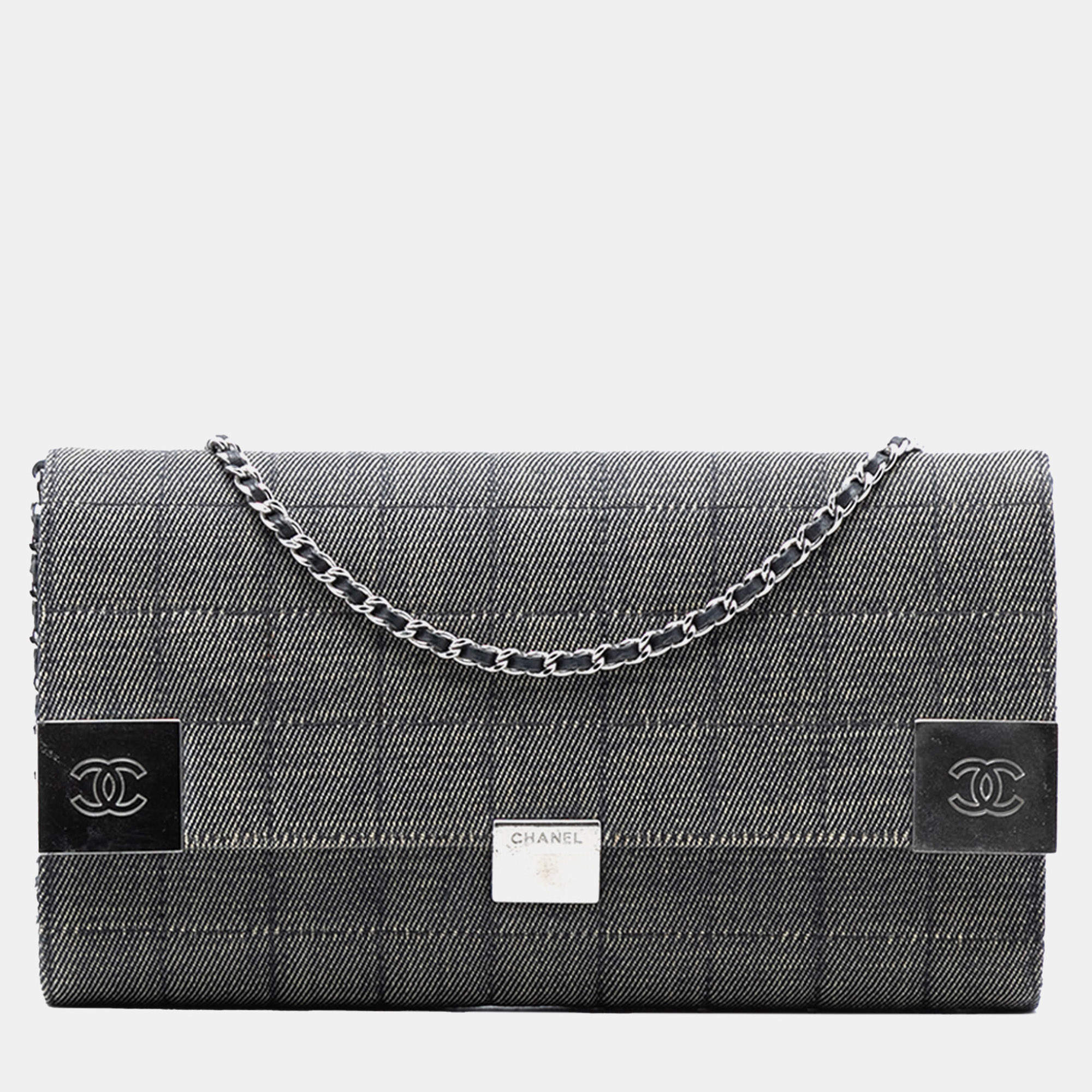 Pre Owned Chanel Grey CC Choco Bar Denim Chain Flap