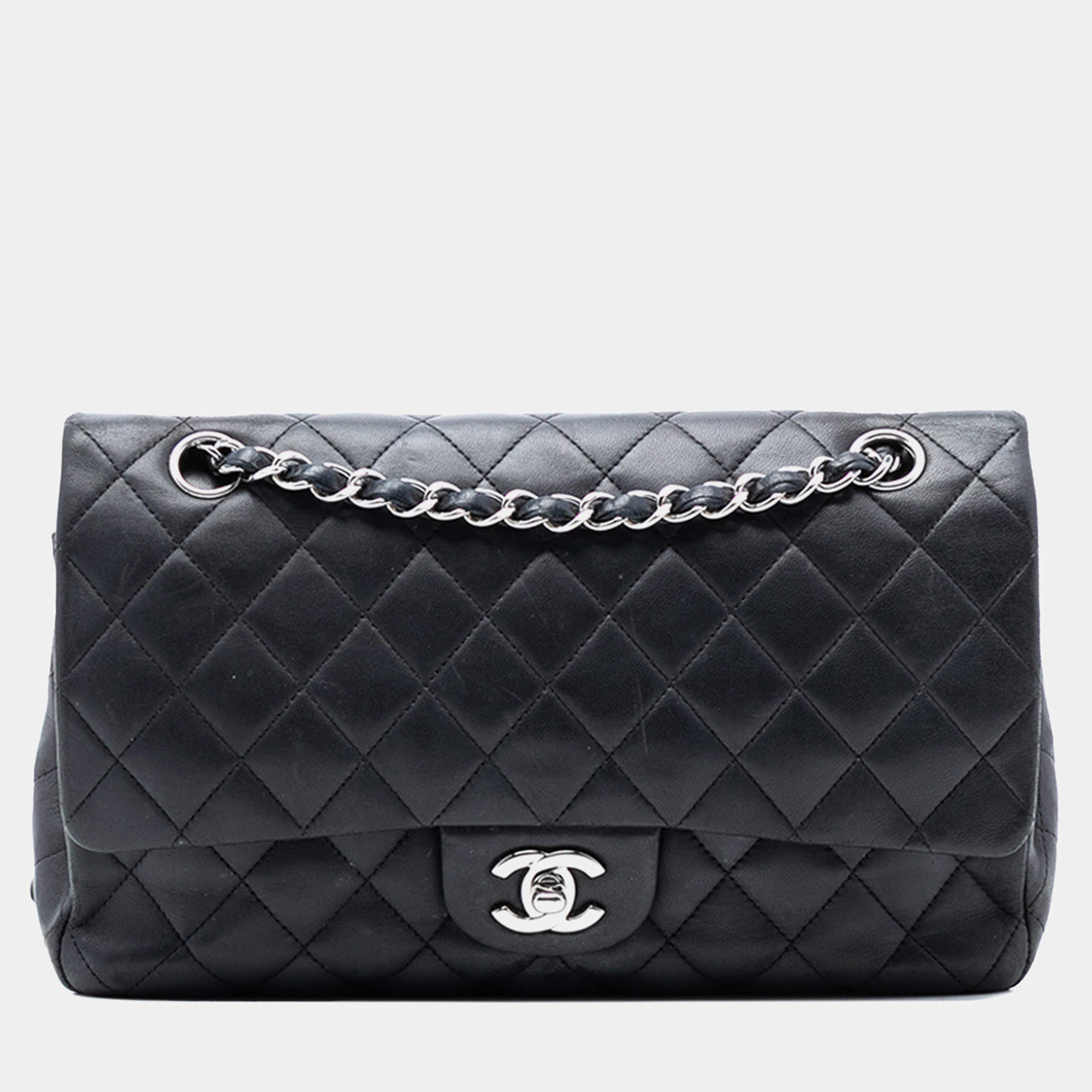 Pre Owned Chanel Black Medium Classic Lambskin Double Flap