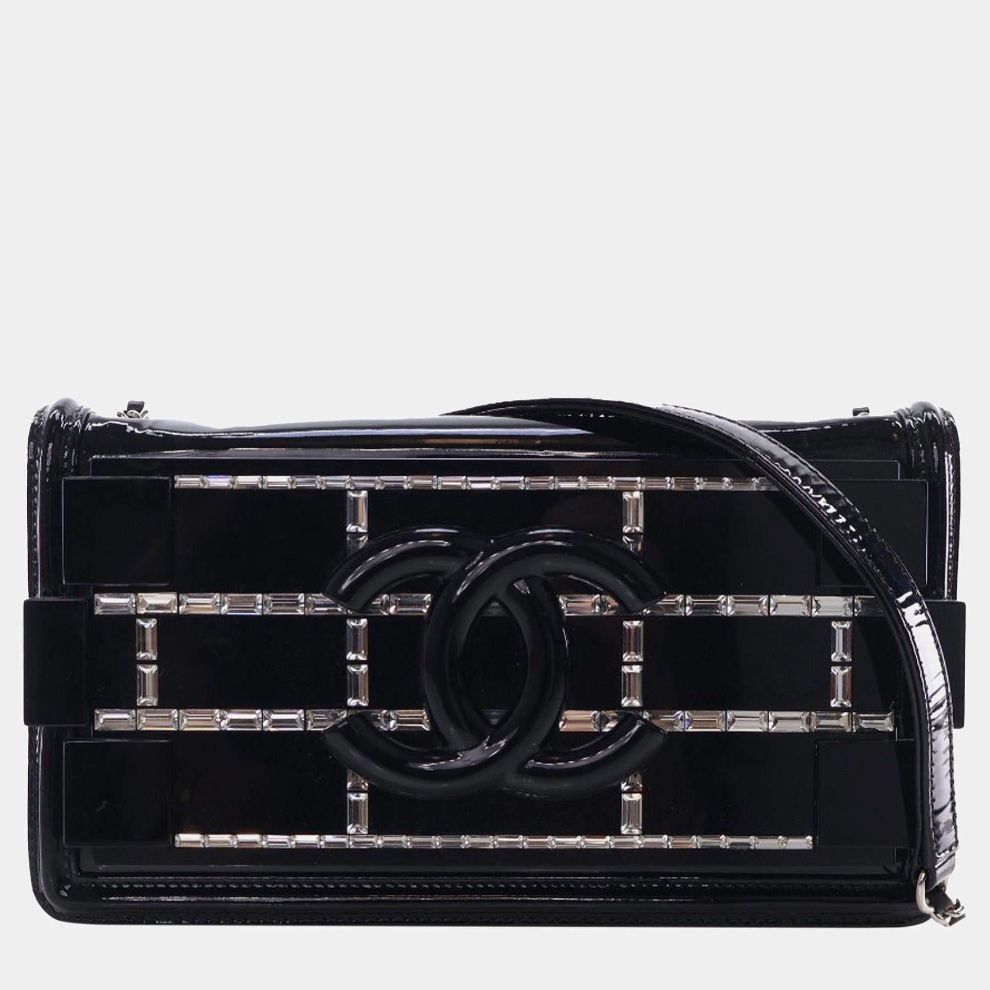 Pre Owned Chanel Black Patent and Acrylic Crystal Embellished Boy Brick Horizontal Flap