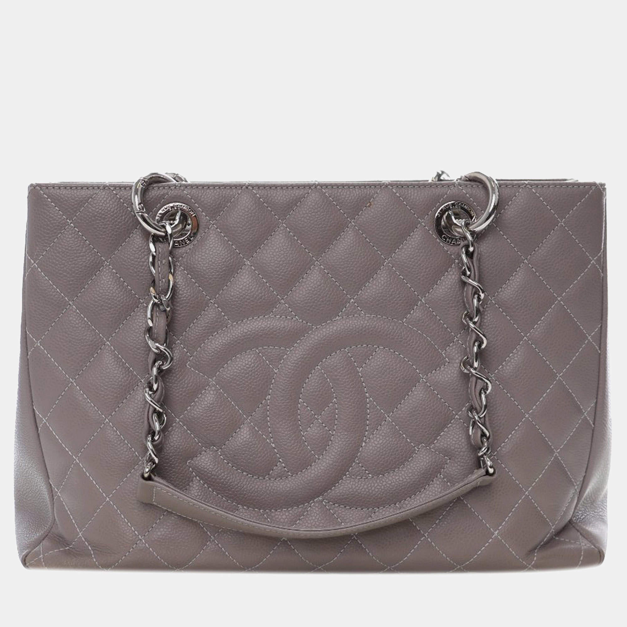 Pre Owned Chanel Grey Chanel Brown Caviar Grand Shopping Tote