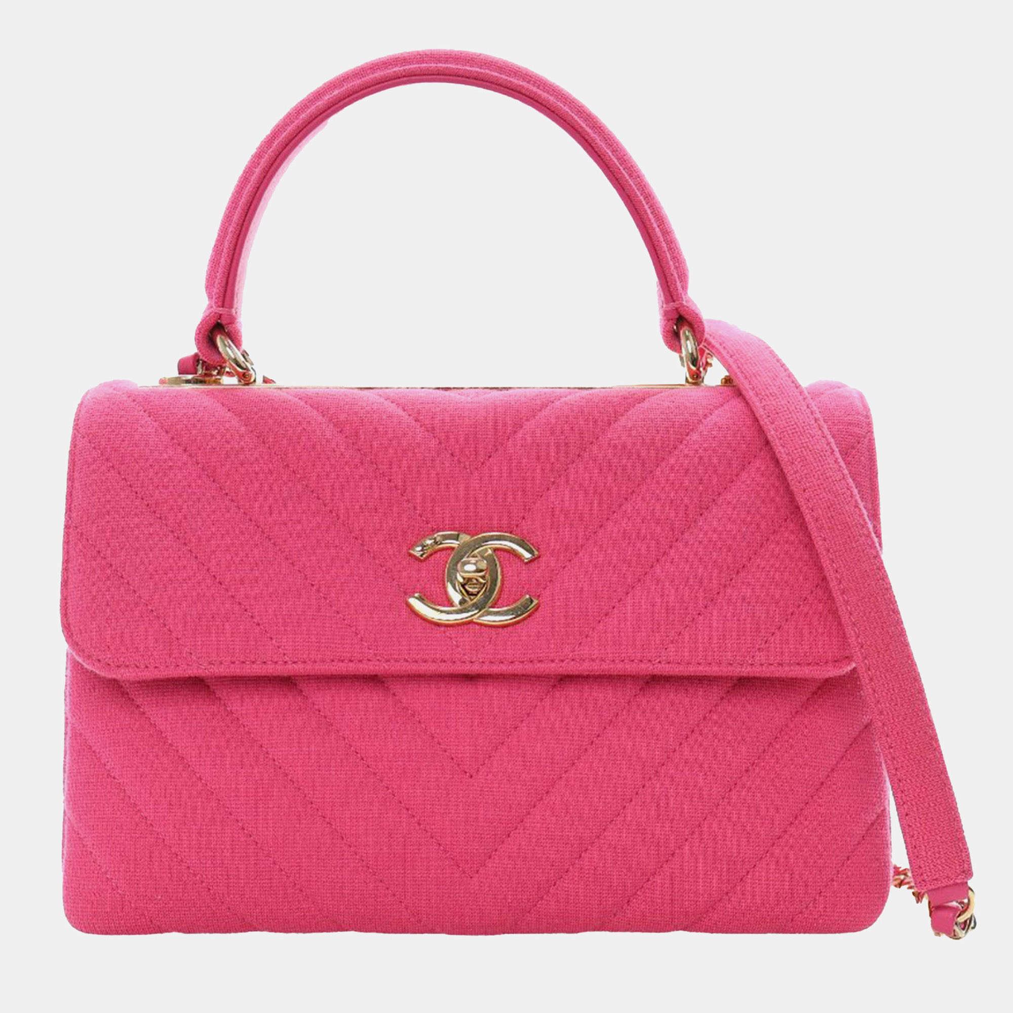 Pre Owned حقيبة شانيل بمقبض علوي وردية صغيرة شيفرون جيرسي عصري CC 