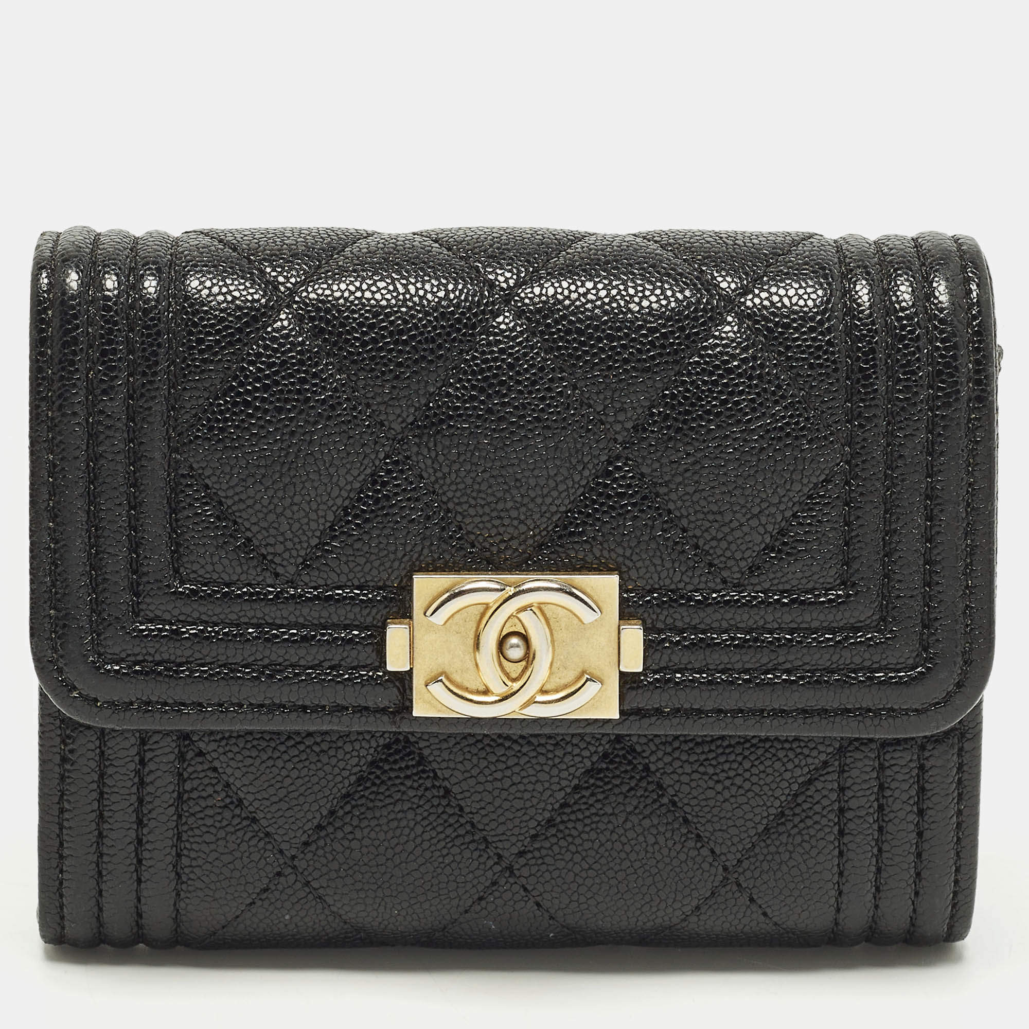 Pre Owned Chanel Boy Black Quilted Caviar Leather Flap Card Holder
