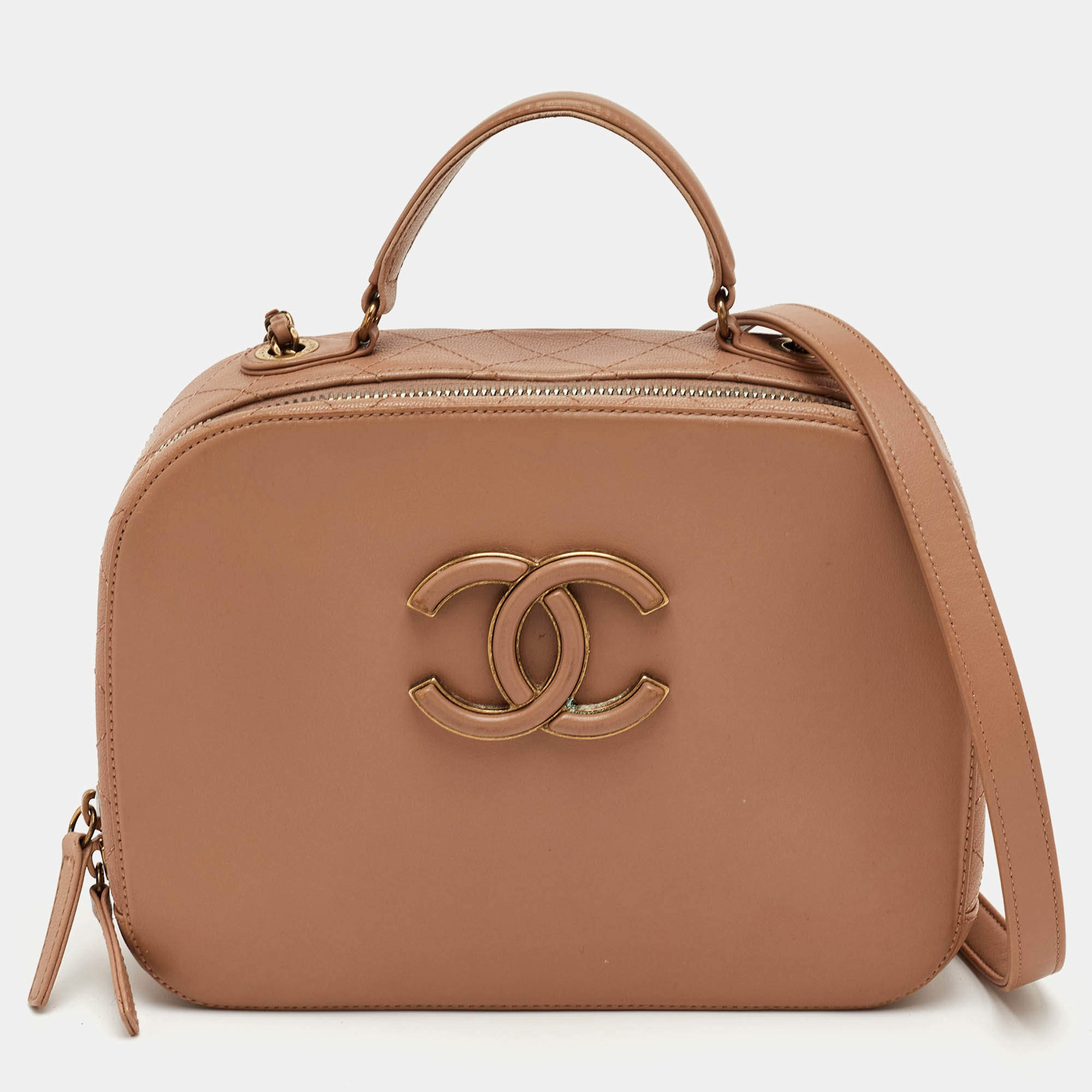 Pre Owned Chanel Coco Curve Beige Leather Vanity Case Bag