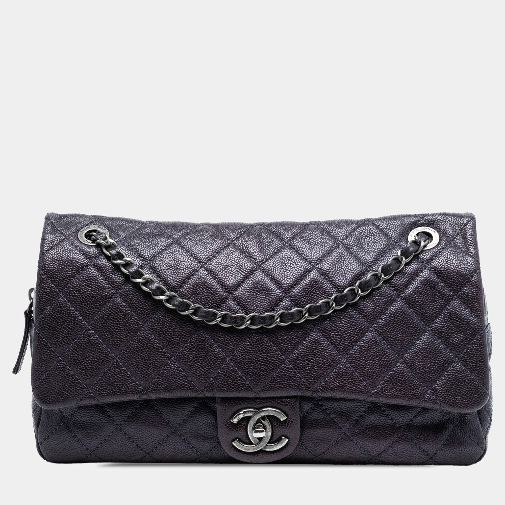 Pre Owned Chanel Purple Jumbo Quilted Iridescent Caviar Easy Flap